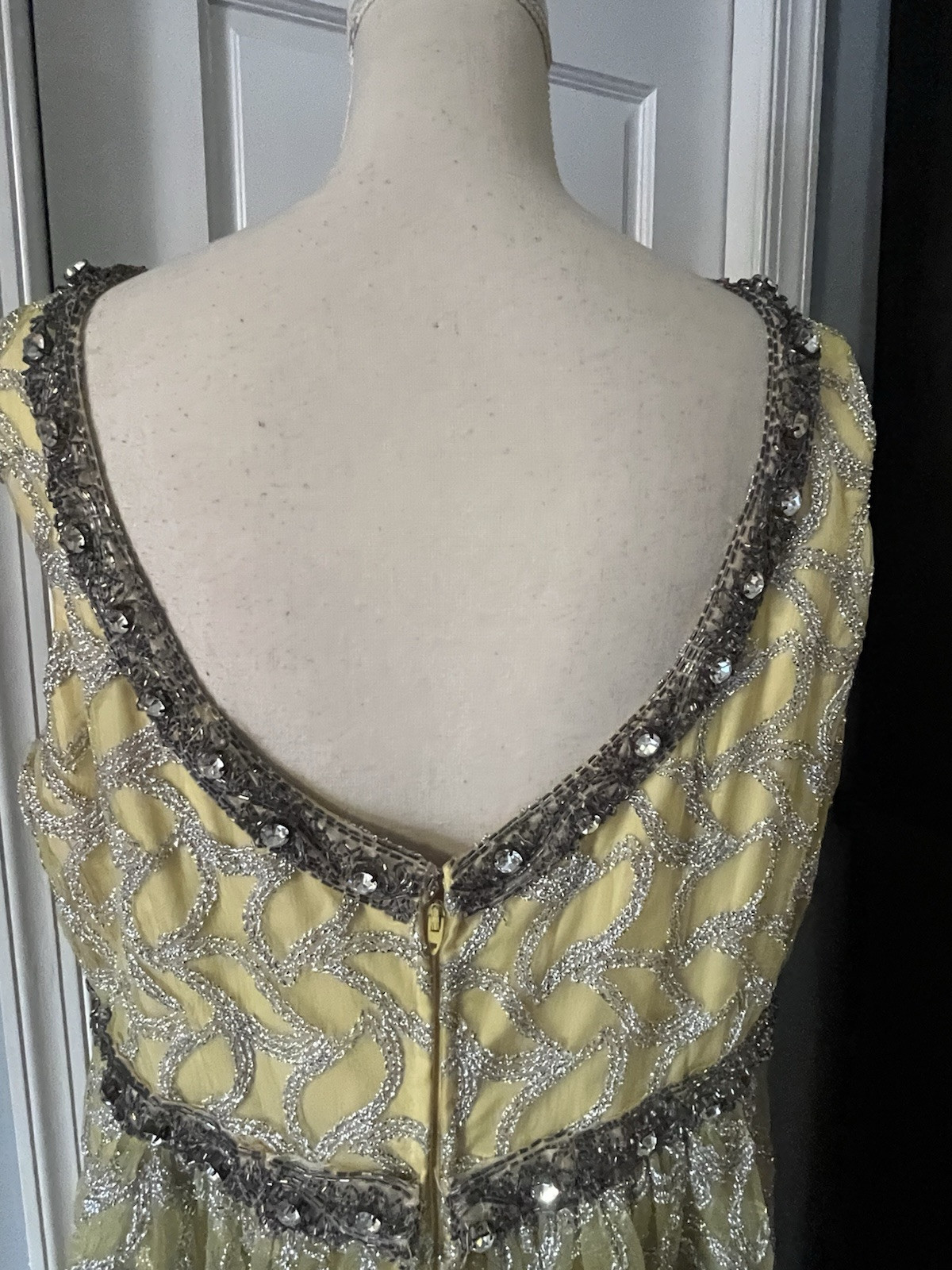 Erlebacher Beaded Long Gown Dress Sleeveless Yellow & Silver Shimmery VTG Large?