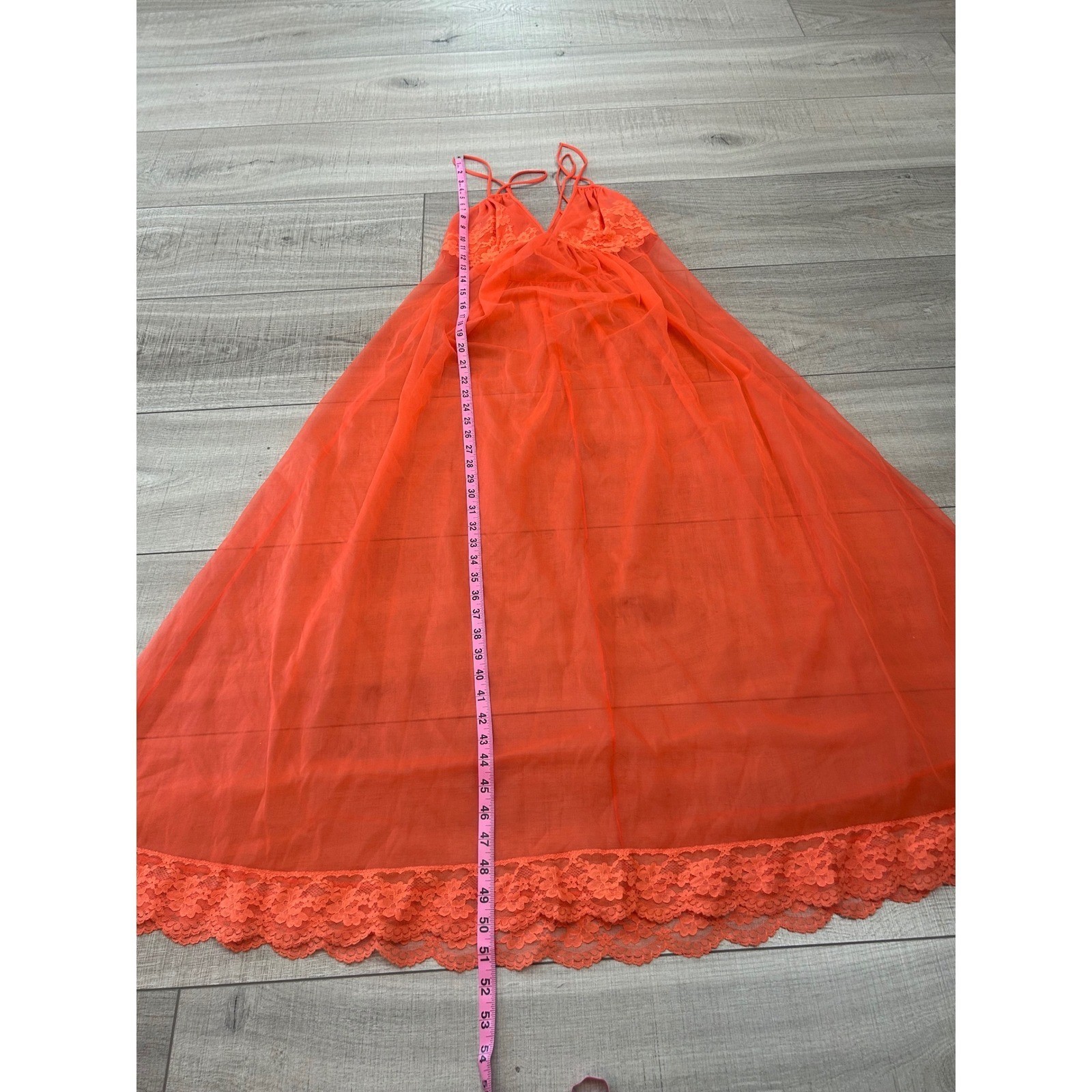 Vintage Orange Sheer Maxi Nightgown Lace Trim Double Strap Sleepwear Dress