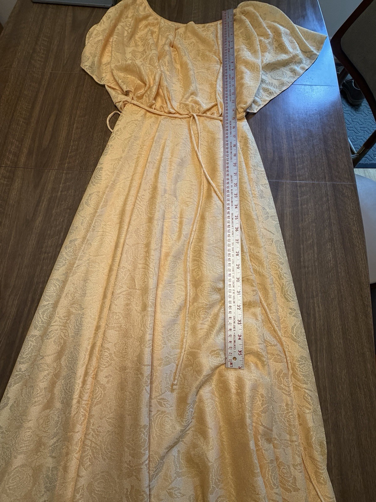 Vtg 70s-80’s Gold Rose Overlay Blouson Maxi Dress Floral Prairie Romantic