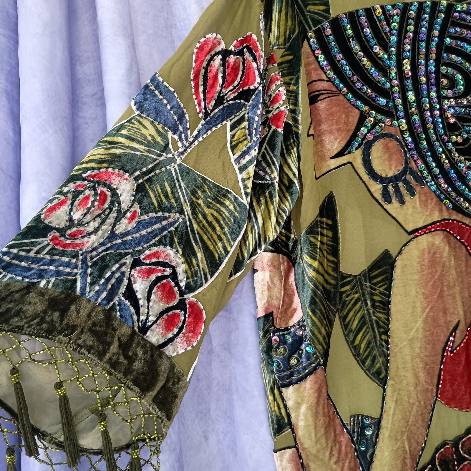 Chico’s Vintage Olive Silk Velvet Burnout Tassel Beaded Kimono