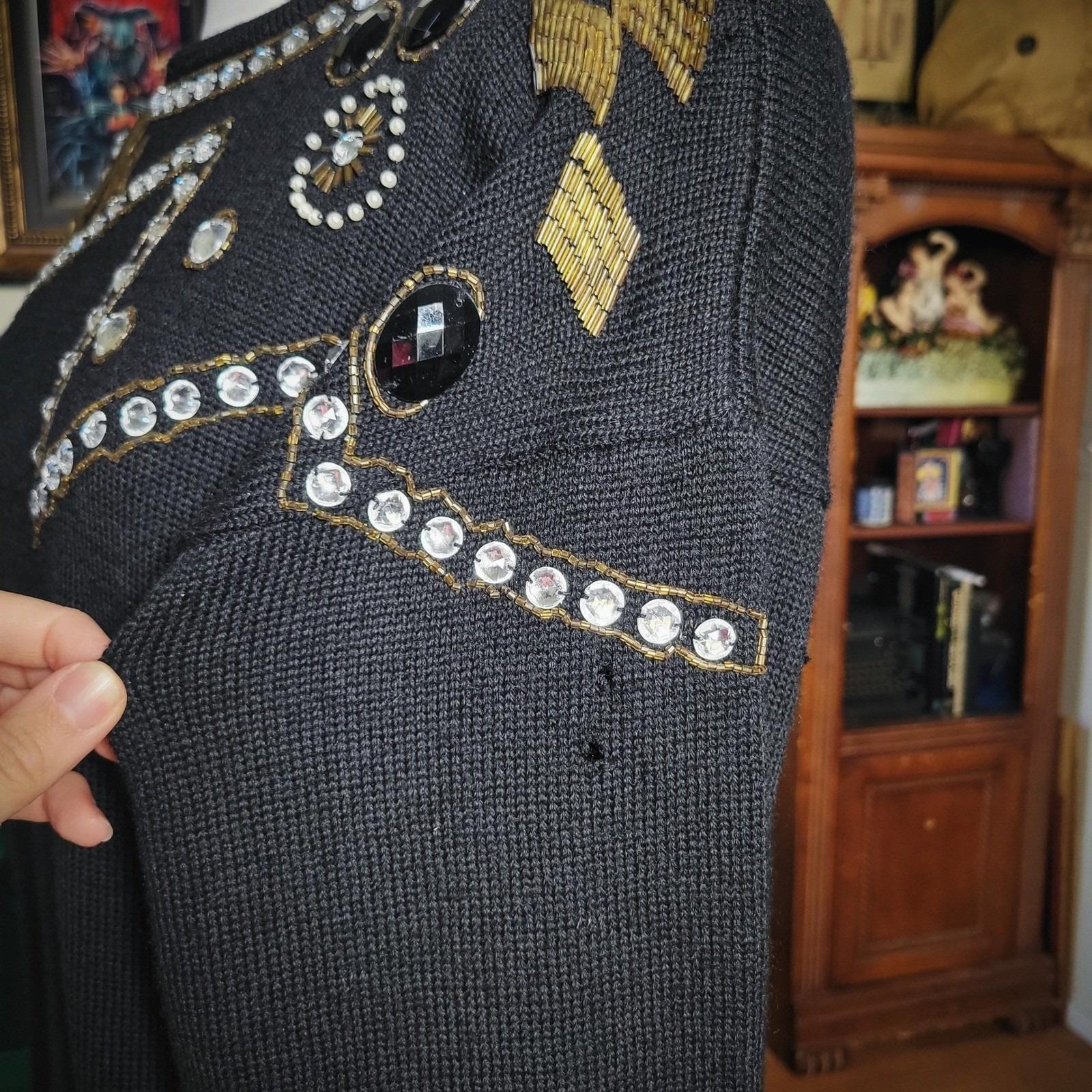 Cervelle Wool Sweater Vintage 80s Beaded Embellished Black Knit Top Large 6470C