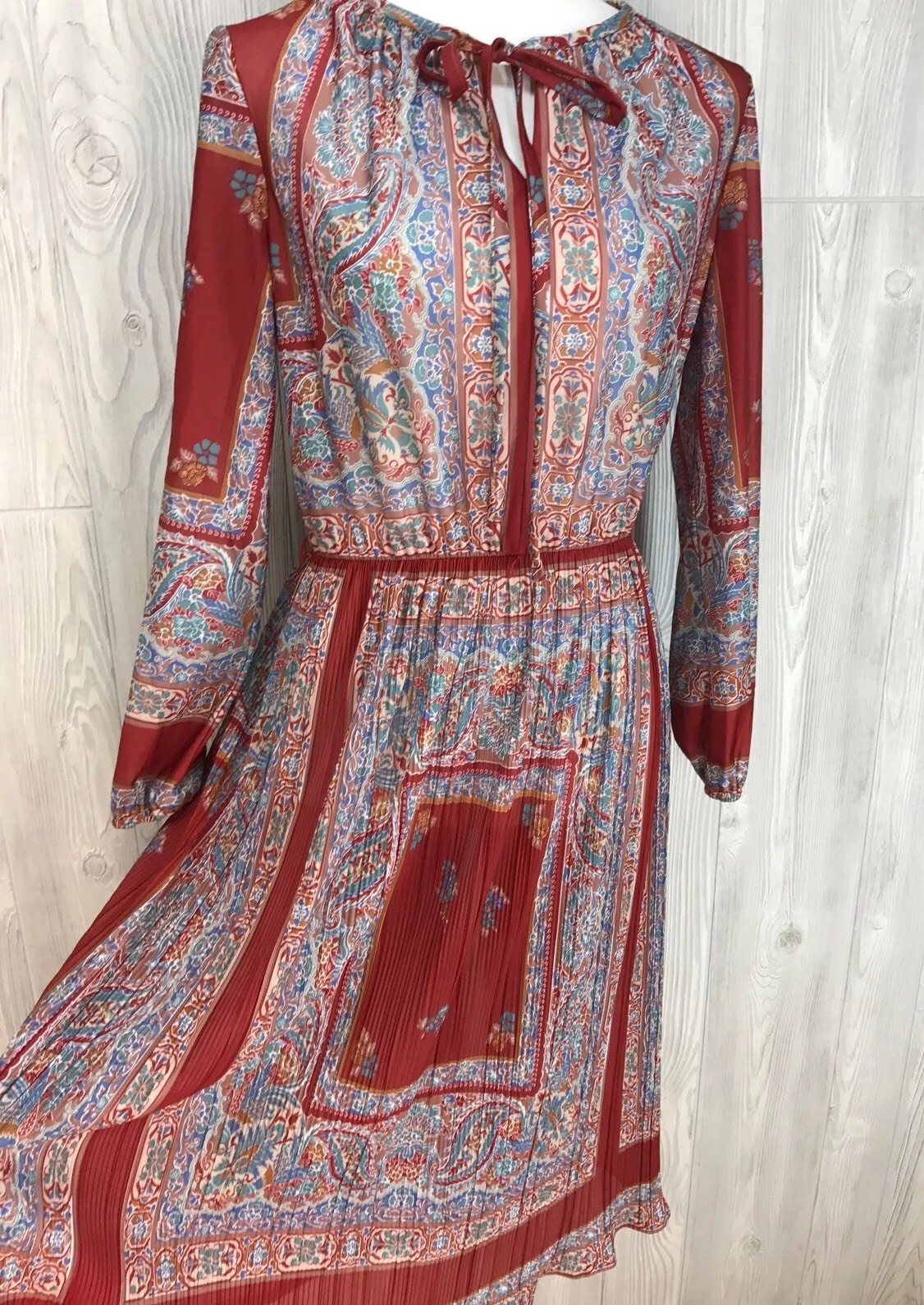VTG Womens Dress 70’s handkerchief pleated semi sheer tie hippy floral