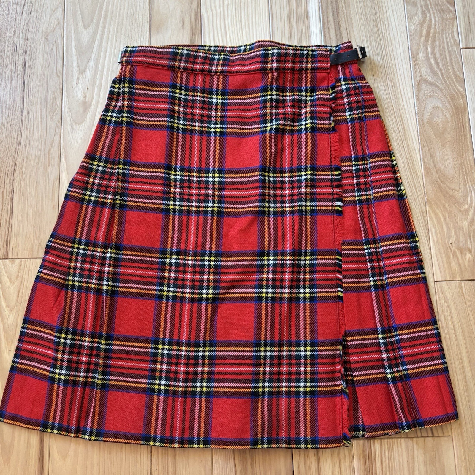 Vintage Pleated Red Plaid Wool Blend Buckle Accent Wrap Style Skirt