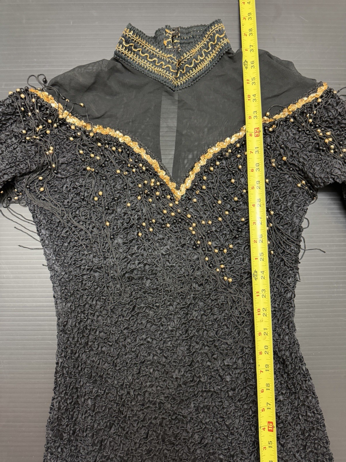 Vintage 4-U Stretch Dress XL Black Gold Beaded Made in New York USA