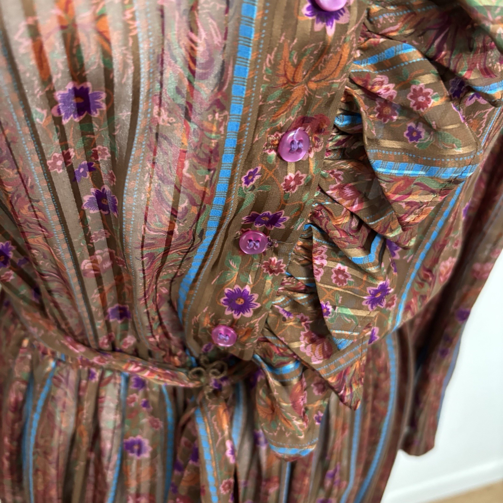 The Kollection VTG 70’s Sheer Floral Ruffle Button Front Belted Midi Dress-M