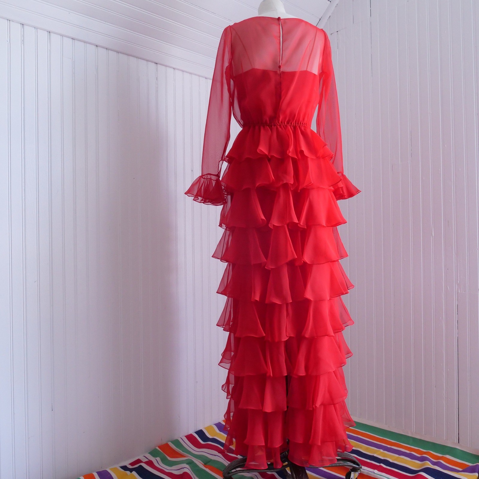 Stunning rare vintage 70s Jill Richards red chiffon ruffle maxi dress gown