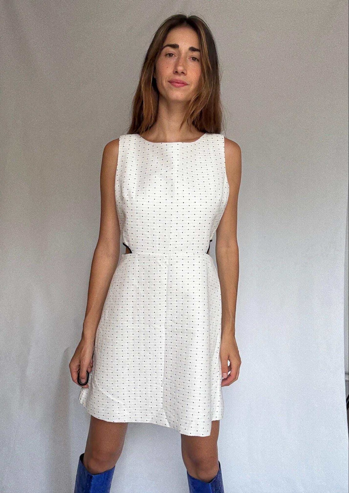 Cotton mini dress with side cutouts, Size US M, White outfit with navy dots