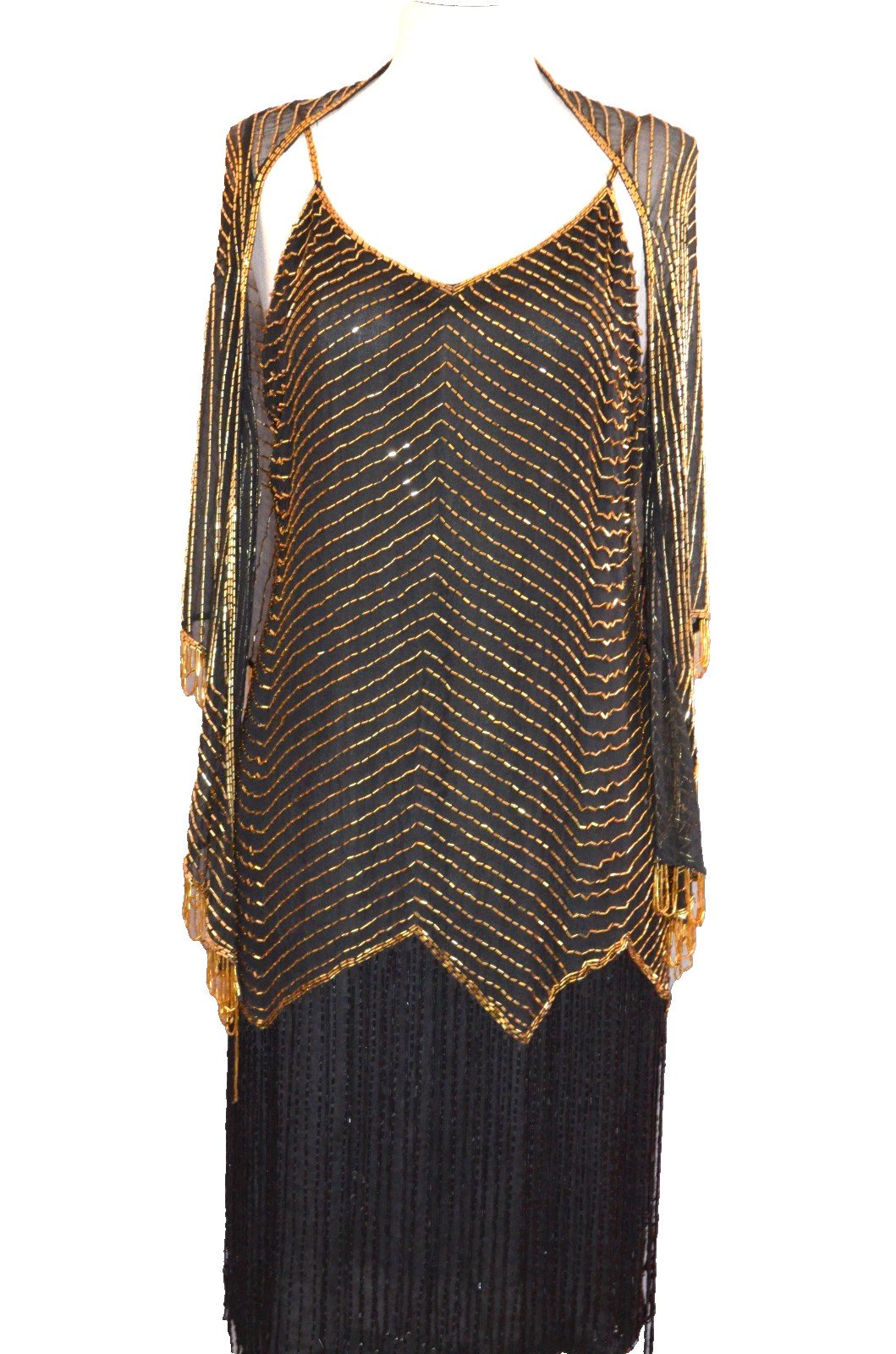Vanna White Original Silk Bead Tube Dress Womens M w/ Shawl Black & Gold