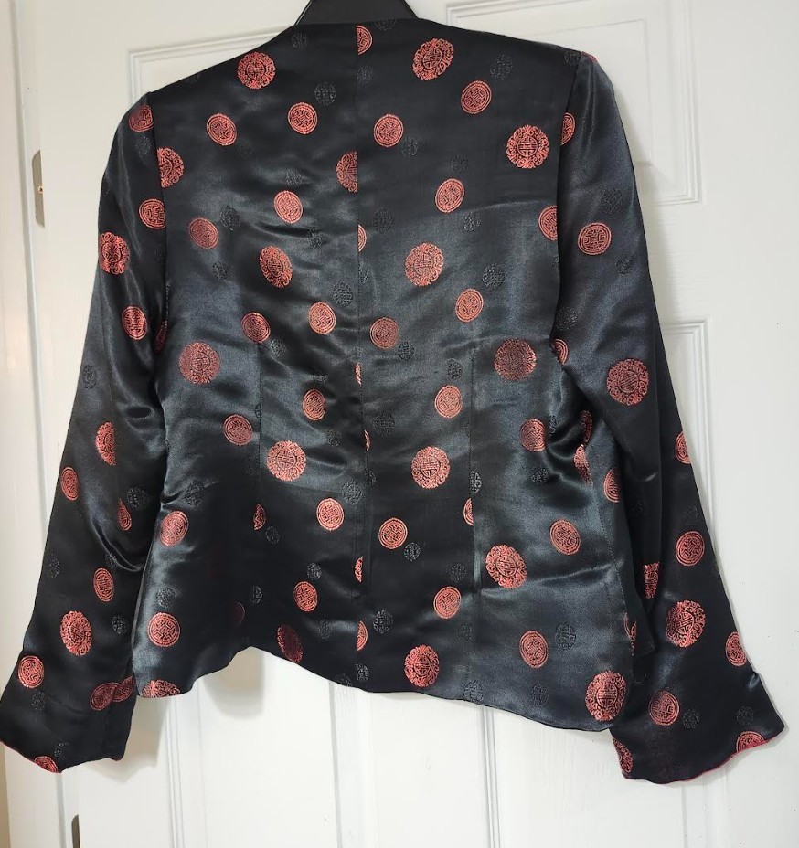 VTG 80’s does 30s Inspired Red Black Satin Brocade Asian Motif Jacket S M Gigi