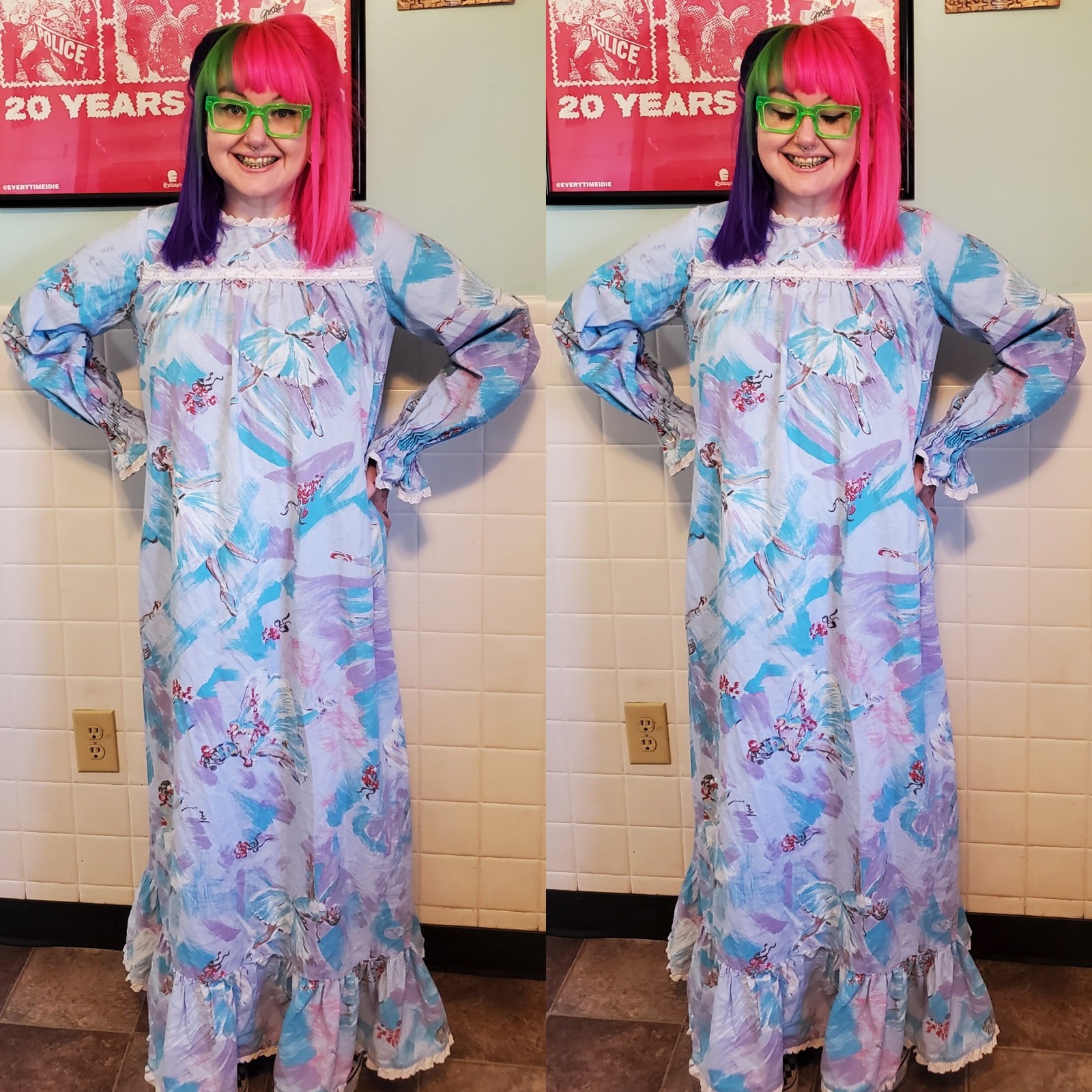Vintage Ballerina Long Sleeve Ruffle Maxi Dress Gown Mock Neck Coquette Ballet