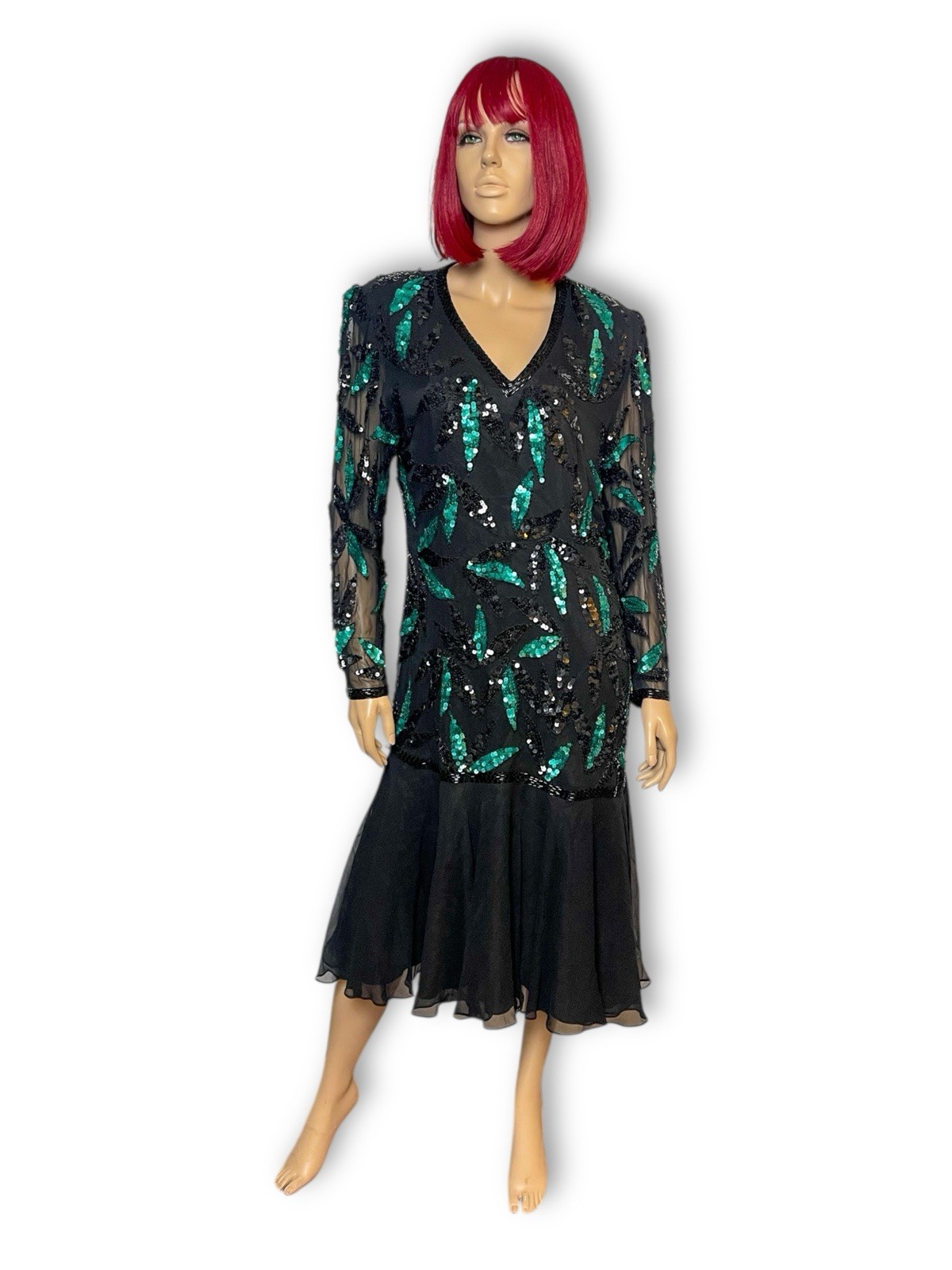80’s Liz Elana Black and Teal Sequin Cocktail Dress Size M