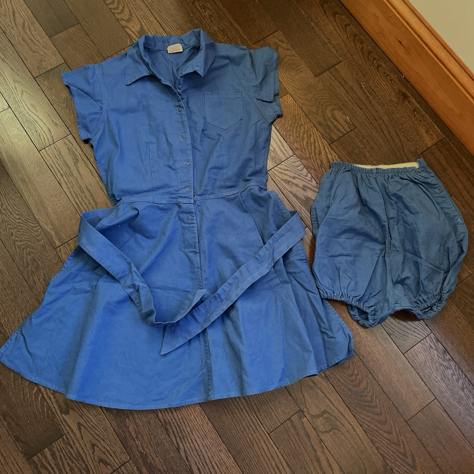 VTG 40s-50s MOORE SZ14 GYM SUIT PE DRESS ROMPER + BLOOMERS BLUE SNAP FRONT PINUP