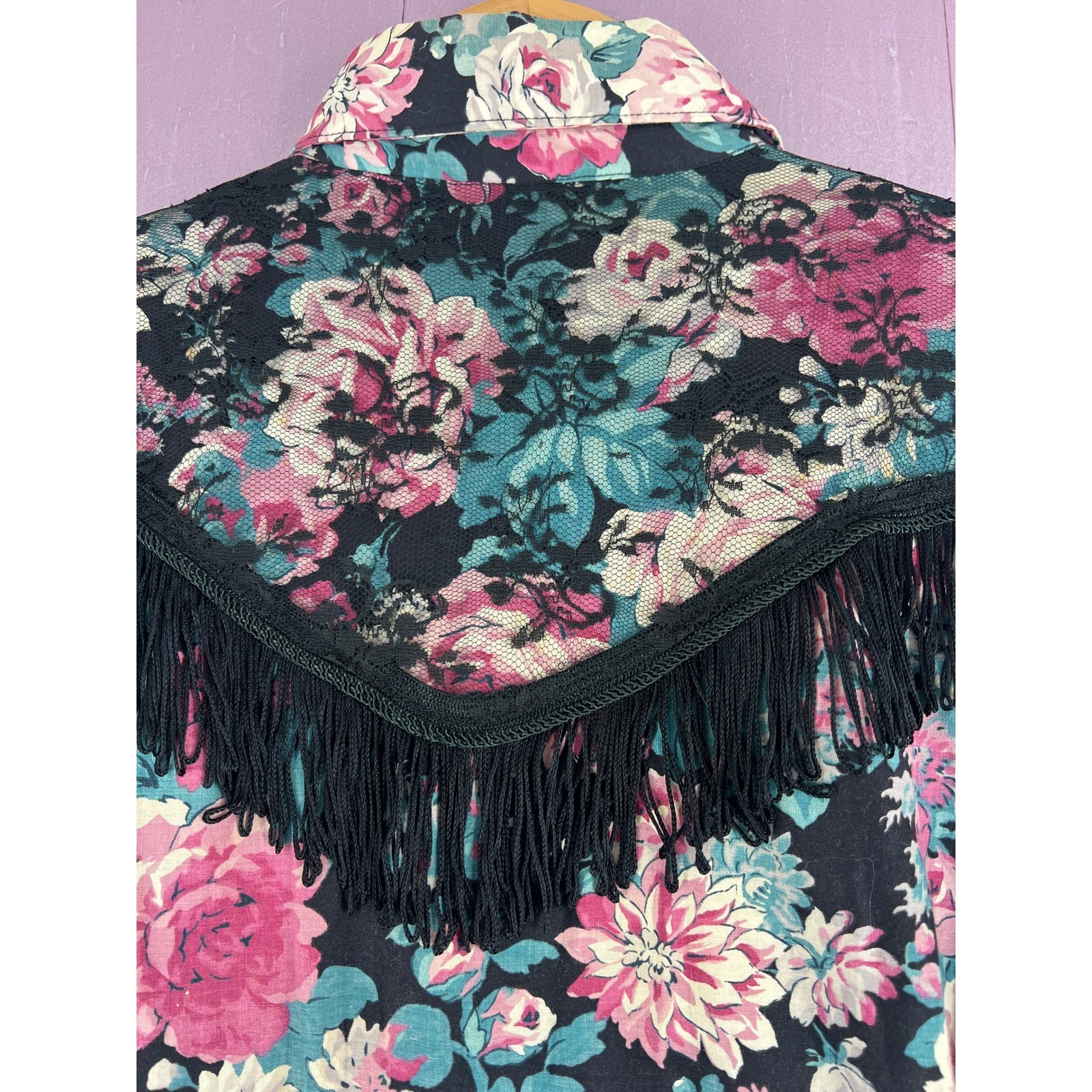 Vintage Panhandle Slim Floral Western Maxi Dress Fringe Pearl Snap Prairiecore