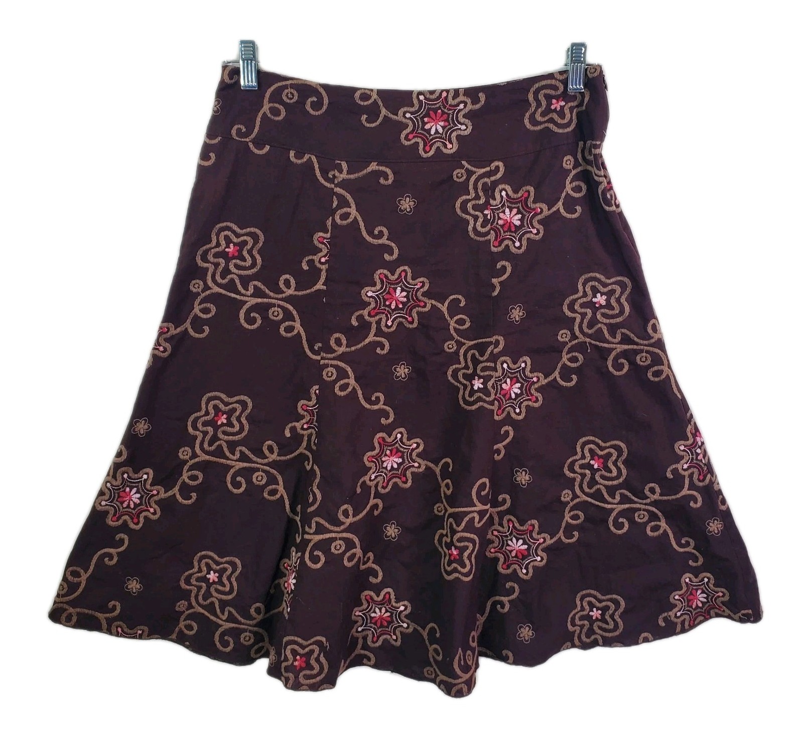 Vtg Y2K Sylvie & Mado Brown A Line Stiched Floral Embroidered Skirt Large Boho