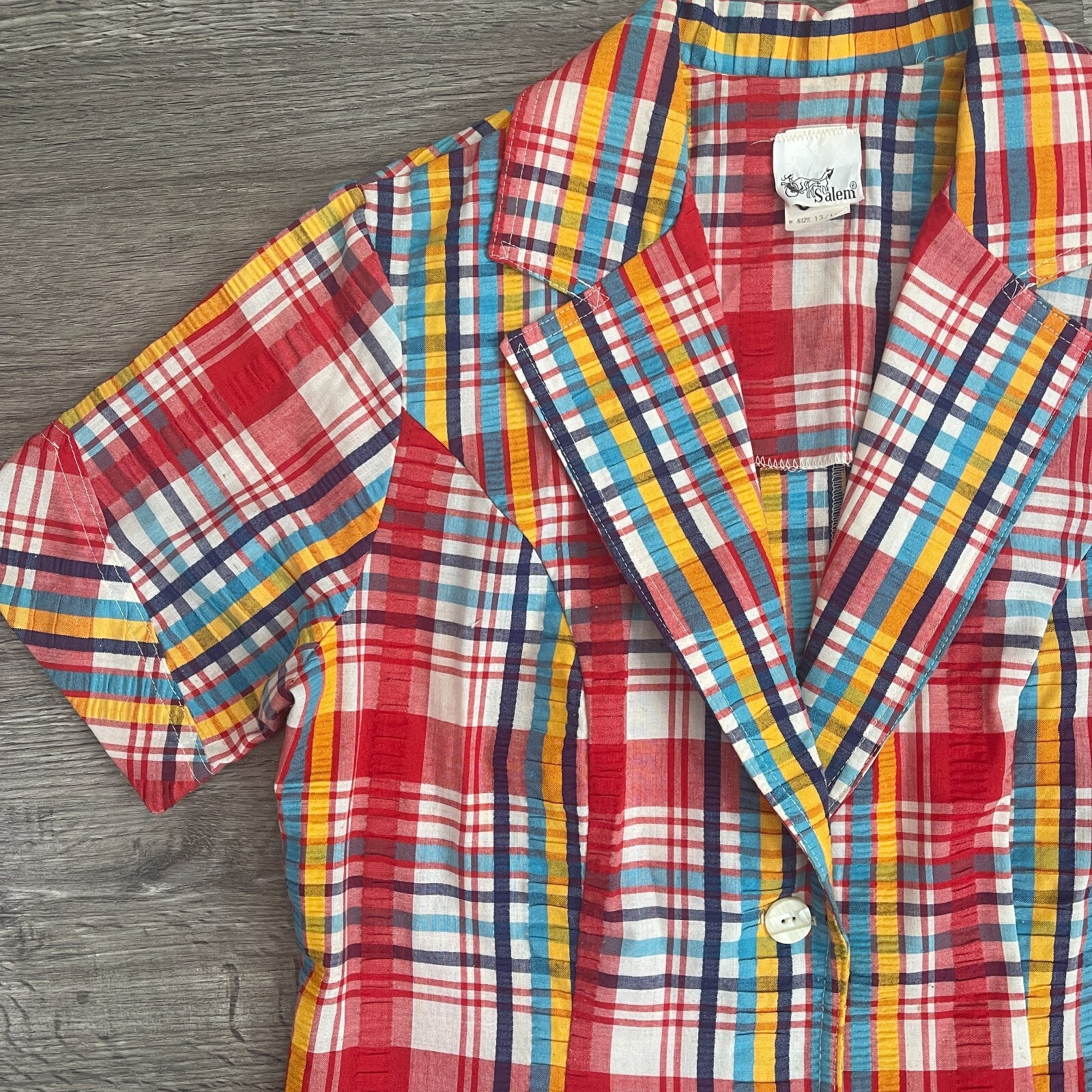 Vintage Retro 70s 80s Salem Red Teal Navy Yellow Plaid S/S Casual Top Sz 13/14
