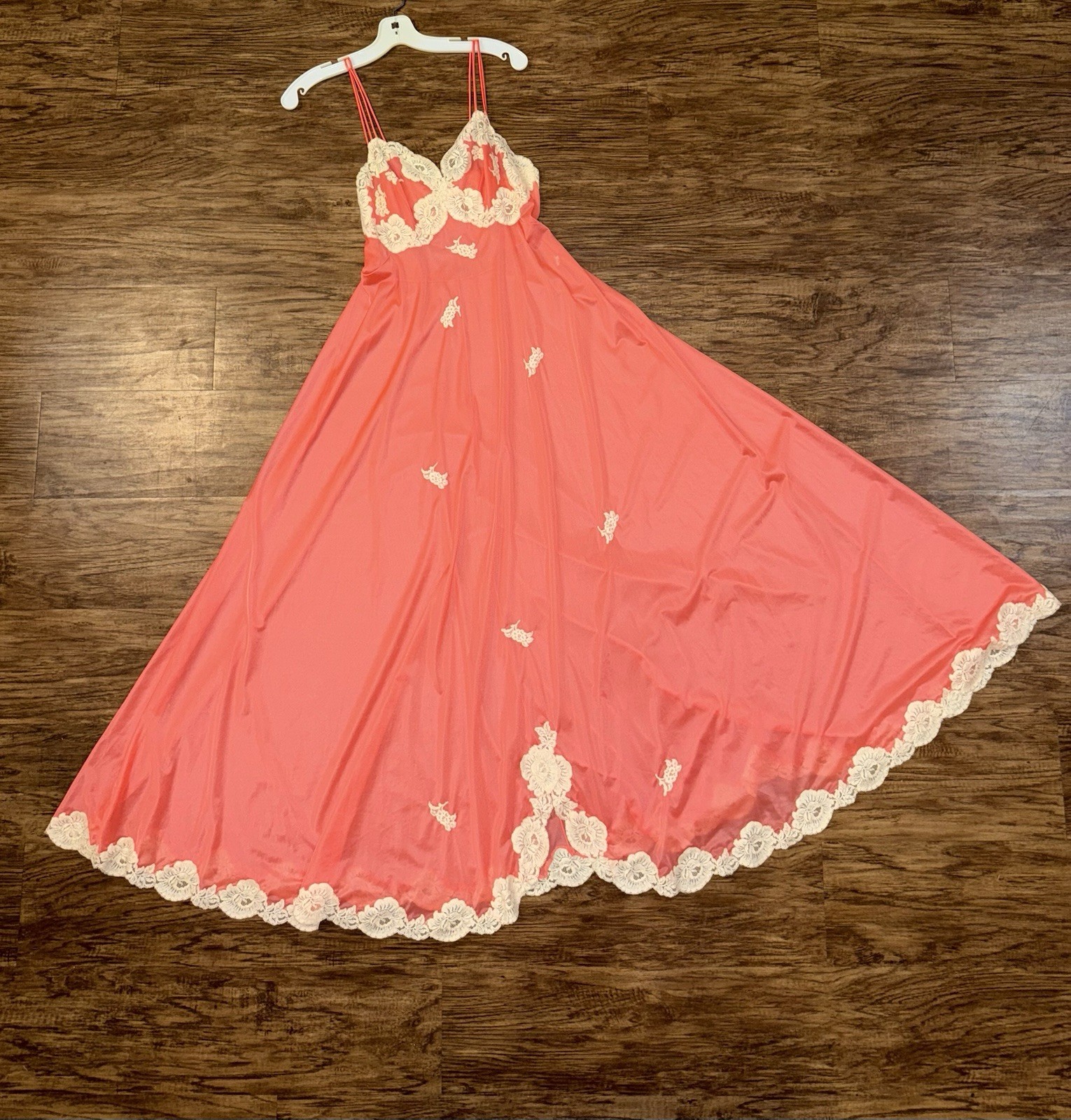 Vintage 1960s 1970s Maxi Floral Lace Duster Slip Dress, Full Sweep Vanity Fair