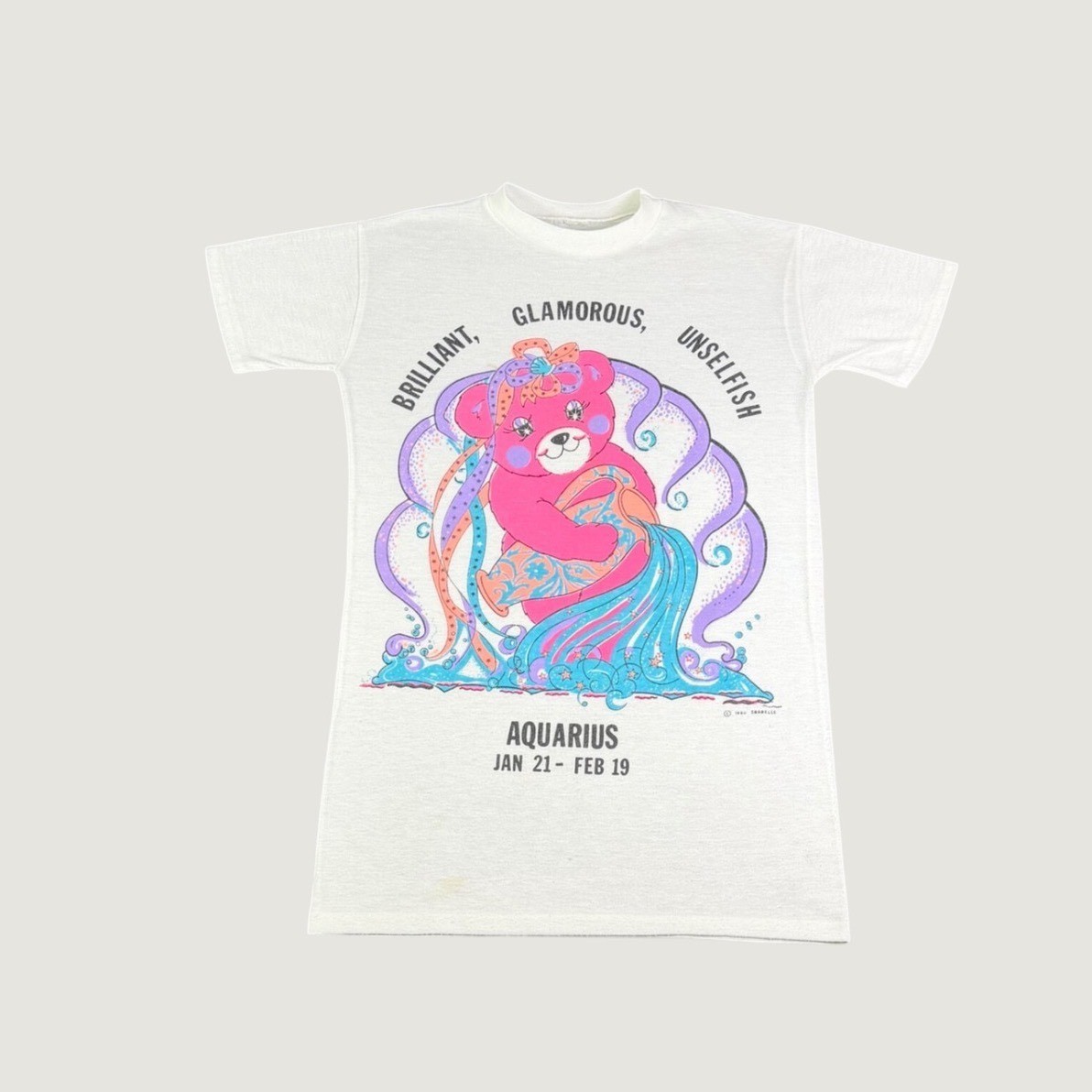 Vintage 1990 Snarelle Aquarius Zodiac Bear T-Shirt White Single Stitch Medium