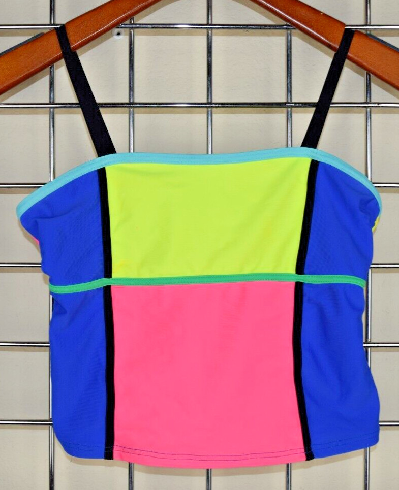 VTG Swimsuit Tank Top Gossip Girl Size S/M 90s Neon Mondrian Pink Yellow Blue
