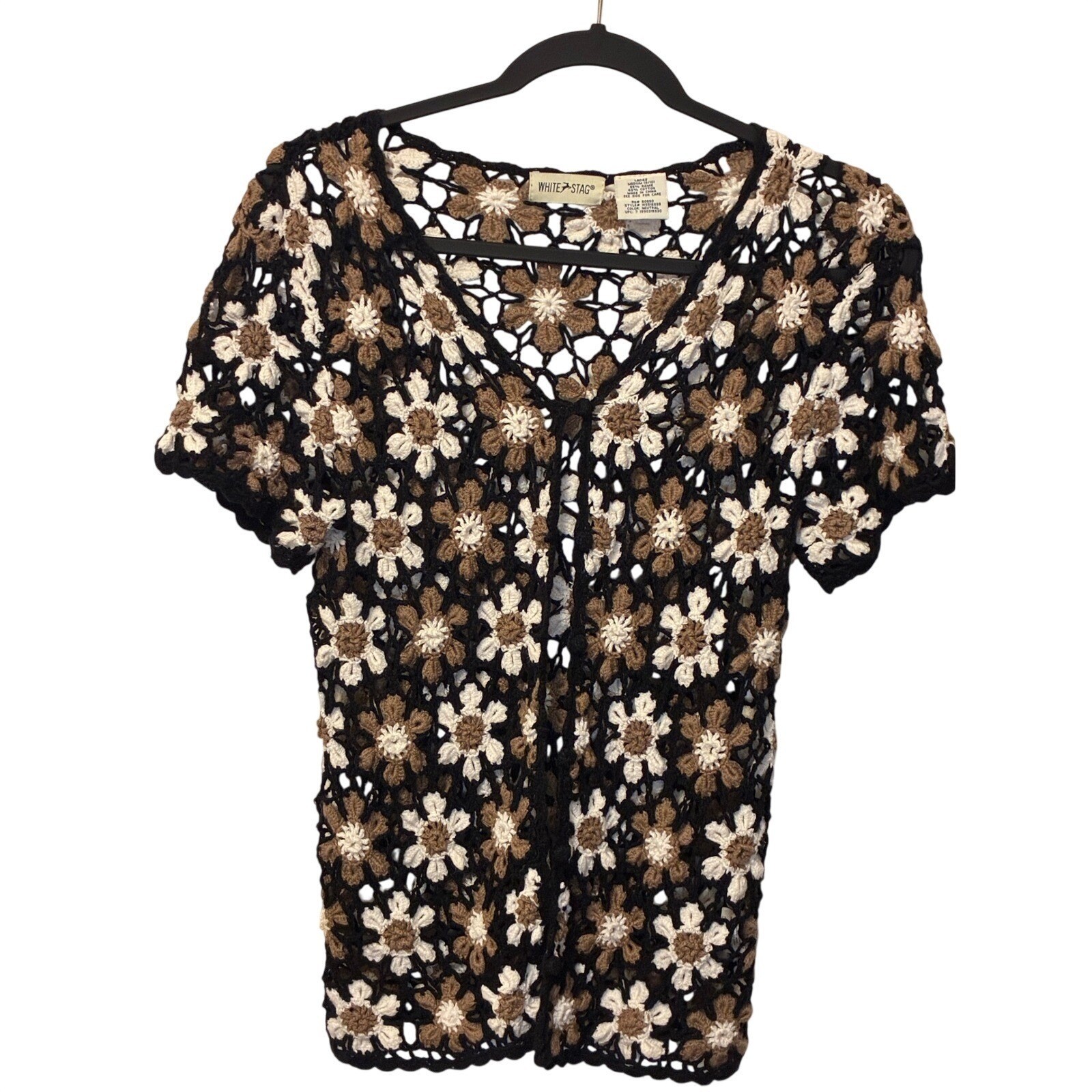 Vintage White Stag Cotton Crochet Floral Top Black Tan Boho Festival Medium 🌼