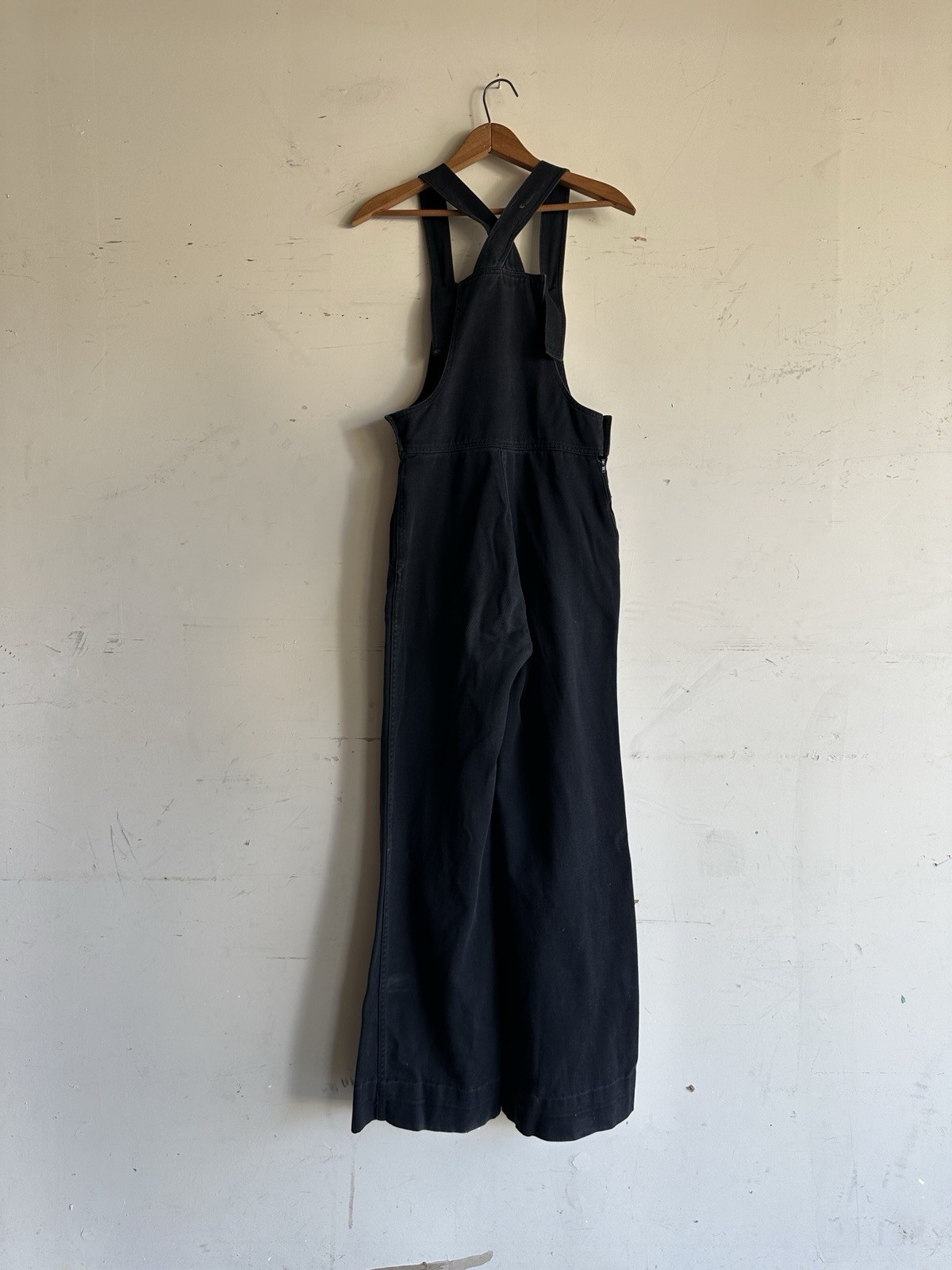 Vintage 70s black bell bottom wide leg overalls