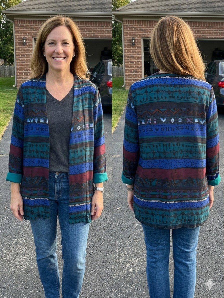 Vintage Leslie Belle Petite Abstract Geometric Open Front Blouse Blazer 80s