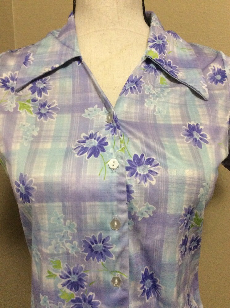 Vtg 90s Purple Blue Plaid Floral Print CLUB KID Flower Button Down Shirt Small
