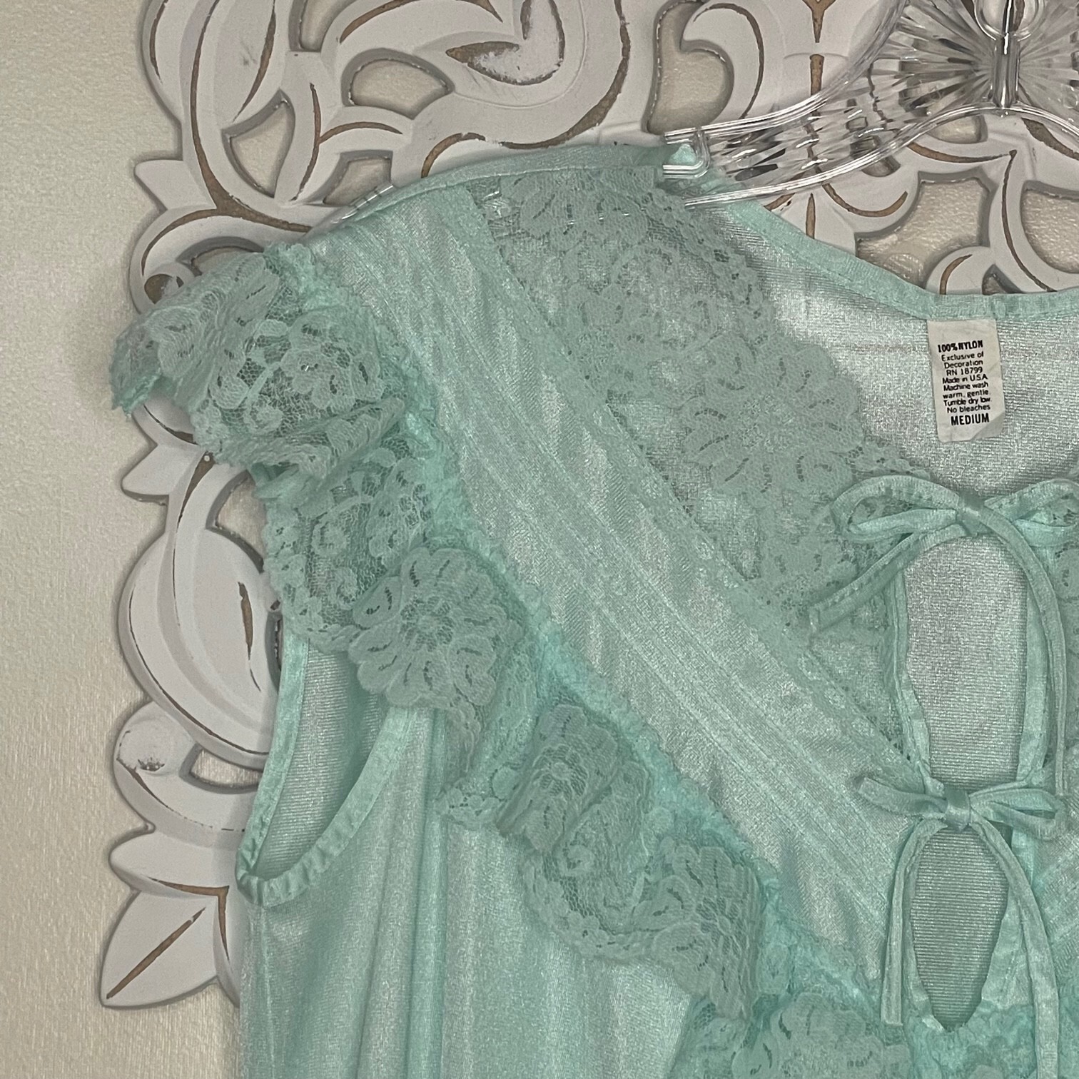Vintage Nylon Nightgown size MEDIUM Nighty Sleep Wear Lace Front MINT Green USA