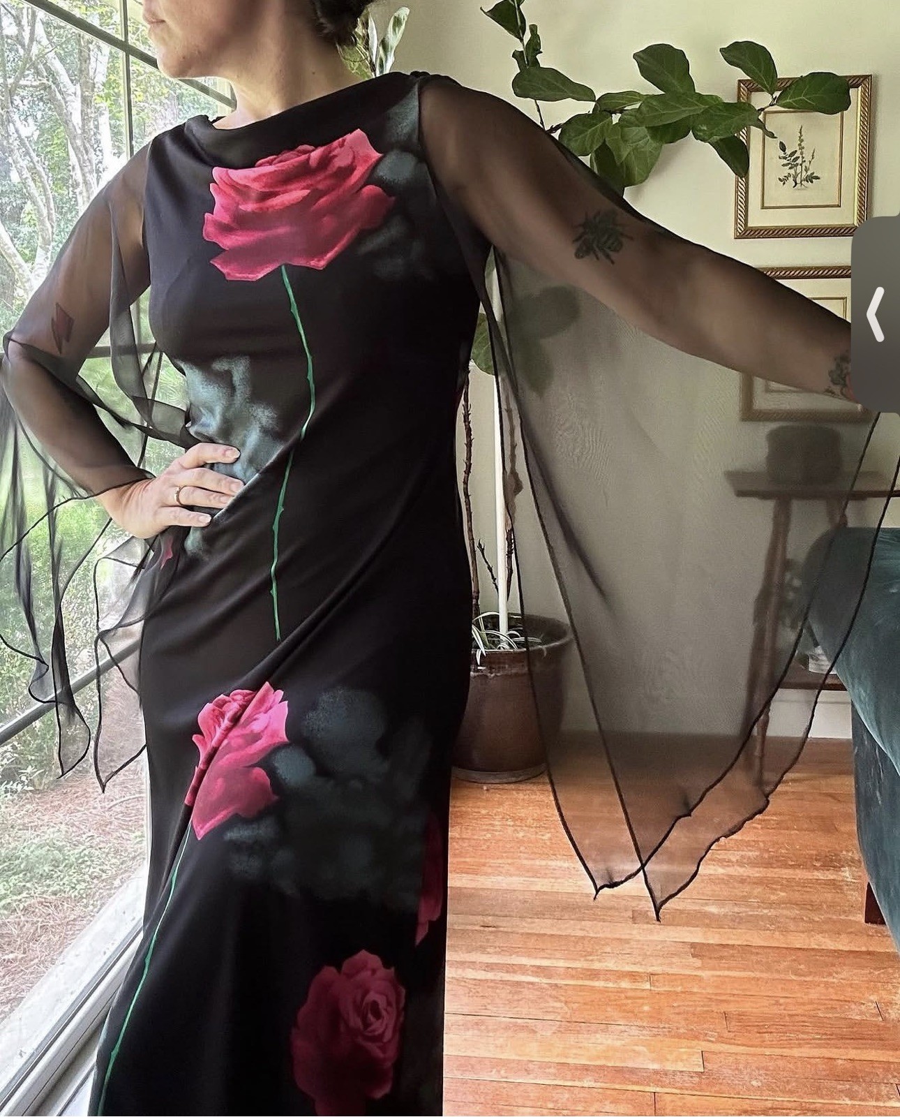 Glamorous Vintage 70s Black Roses Maxi Dress with Chiffon Angel Sleeves Size M/L