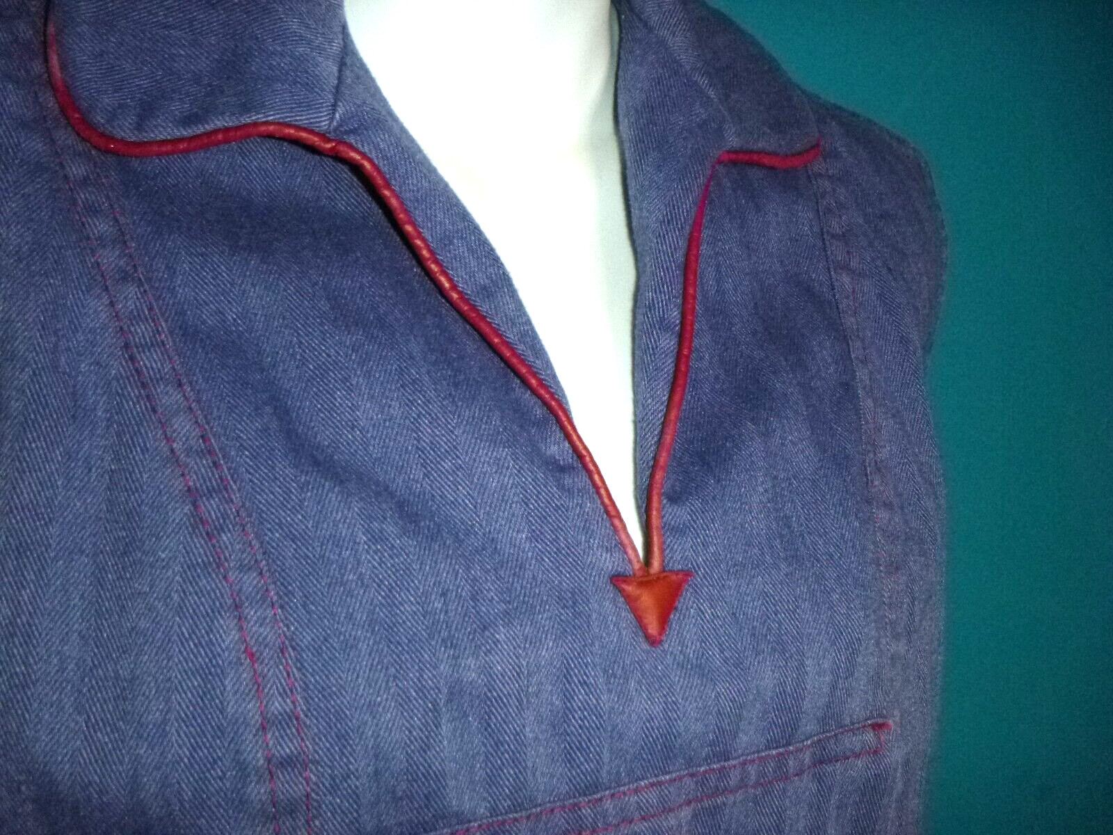 Vtg 70s Groovy The Suit Brand Blue Twill Top & Wide Leg Pants Pleather Trim Sz S