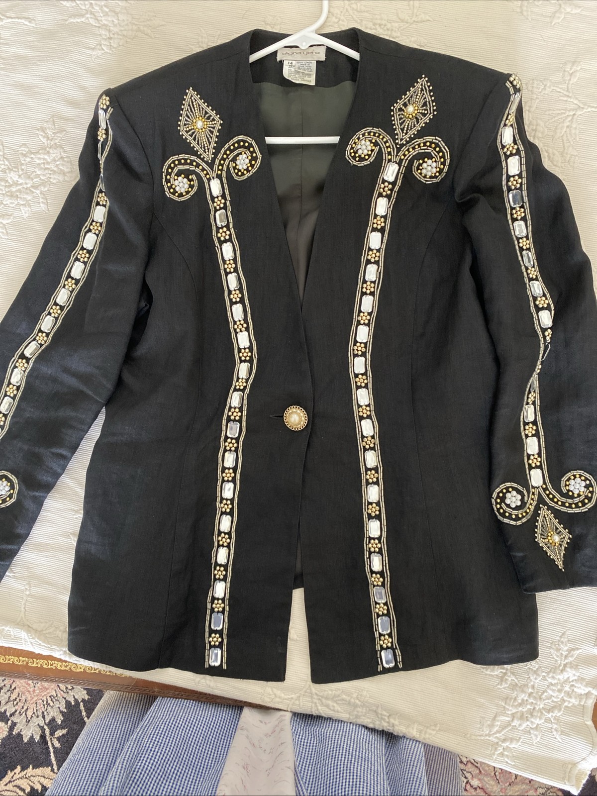 vintage Digna Yero Linen Black Embellished Stones Jacket SZ 14 Hong Kong