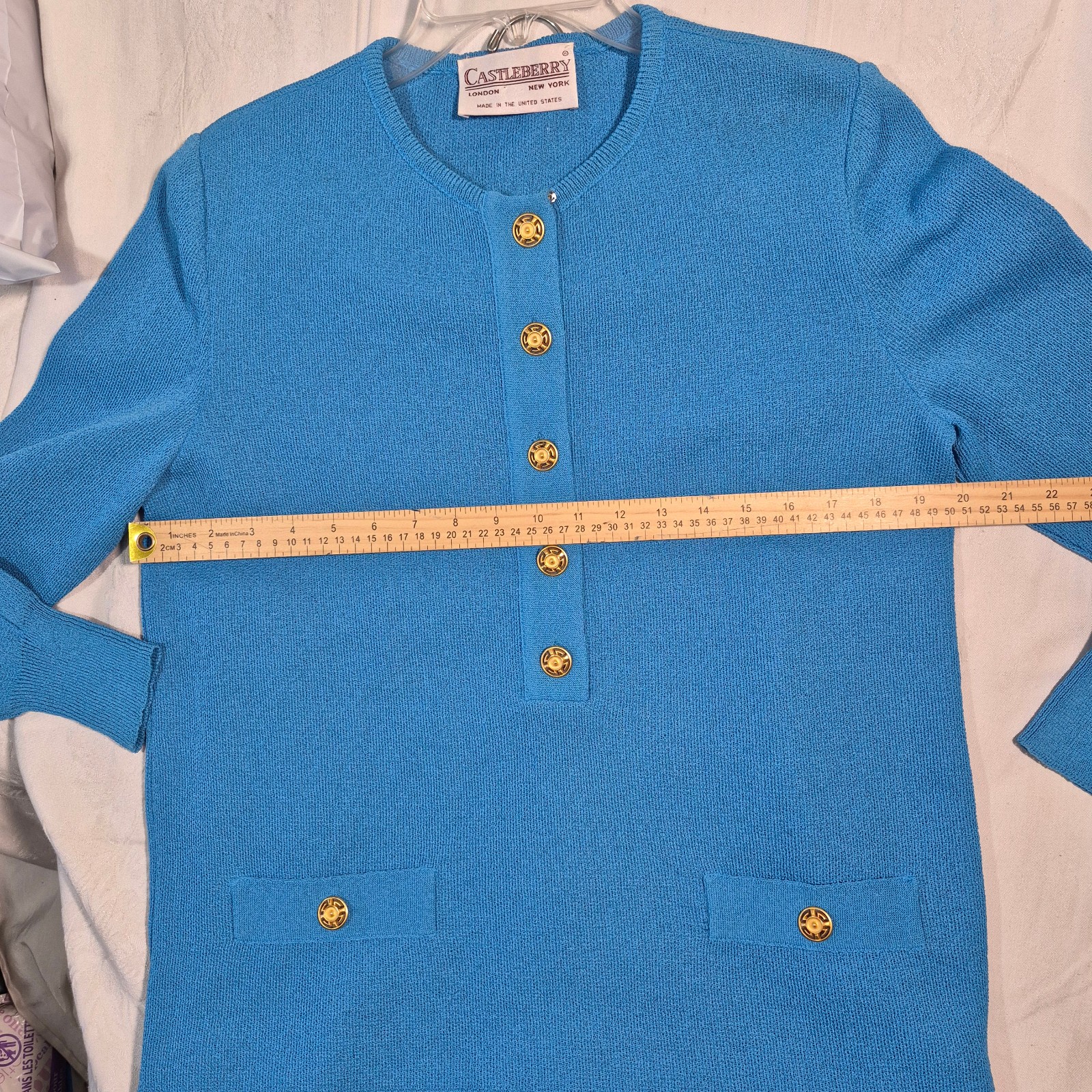 Vtg Castleberry Knit Skirt Suit Set Womens 14 Royal Blue Gold Button 80s MINT