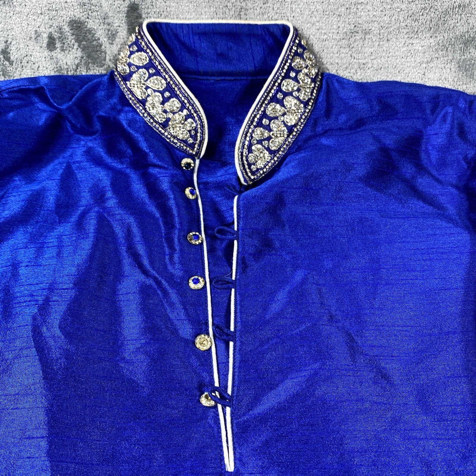 Vintage Royal Blue Embroidered Kaftan Dress Women L Formal Studded Regal Pockets