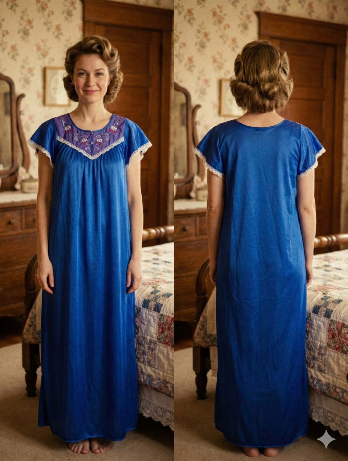 Vintage Natalie Creations Nightgown M Blue Nylon Floral Embroidery Lace Flutter