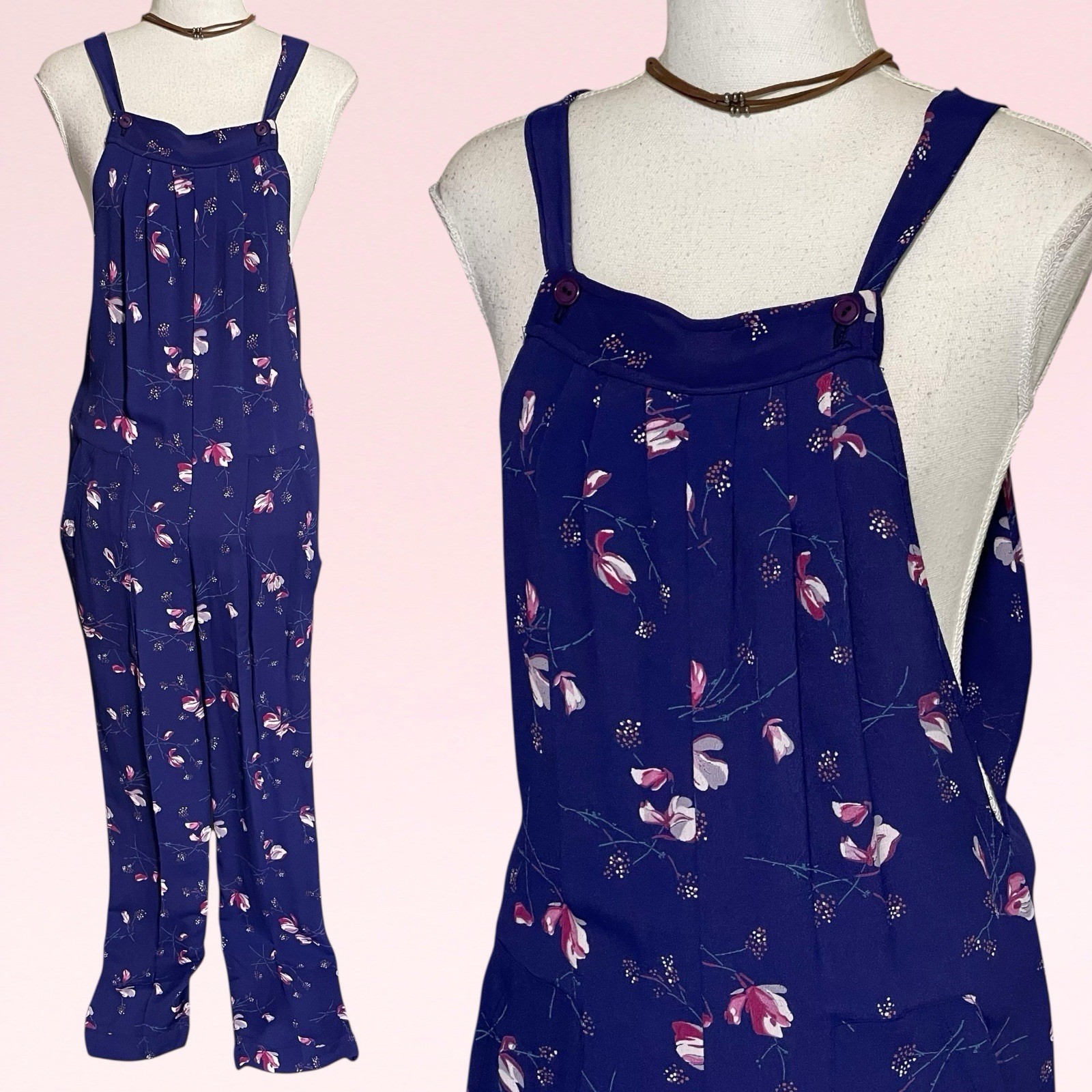 vintage 70s purple floral rayon pleated wide-leg hippie boho overall jumpsuit S