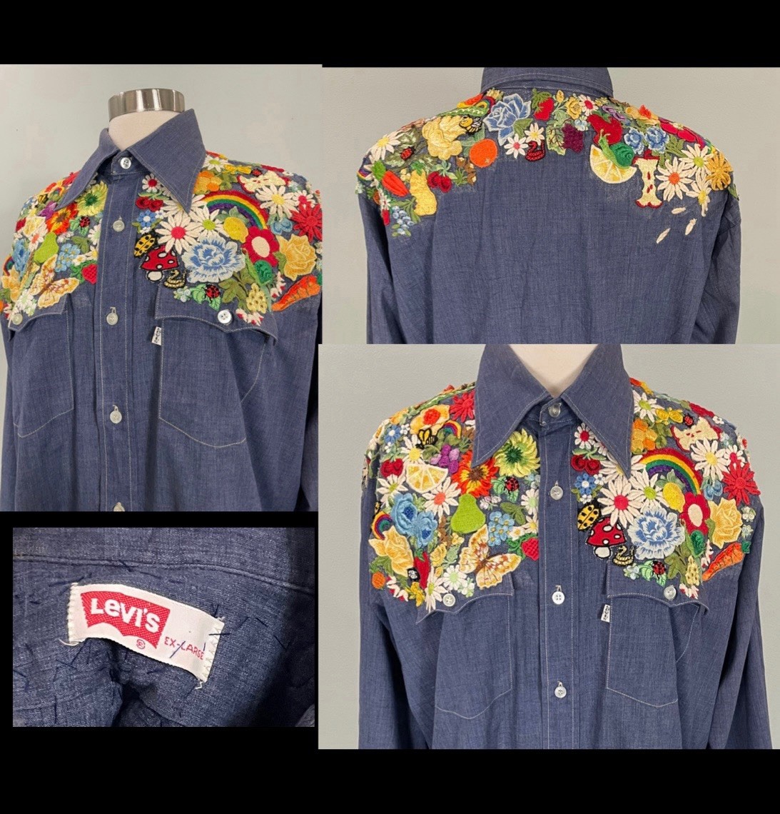 Vtg 1970’s Appliqued Levis Shirt – So many appliques! Flowers Rainbow Bee Cherry