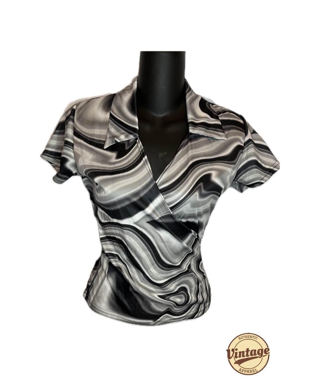 Cheryl Creations Women’s Shirt Medium Black Gray White Swirl Print Collared Wrap