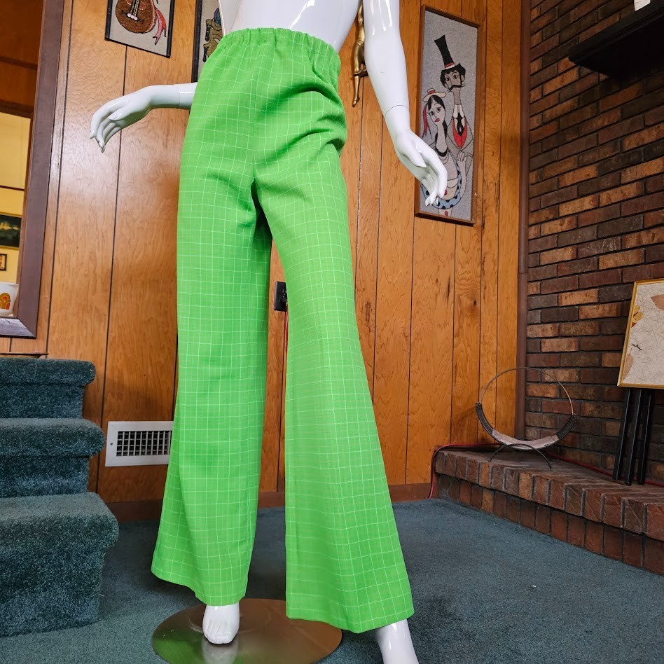 Vtg 70s Mod Used Car Sales High Waist Check Lime Wide Leg Bell Knit Pants M/L