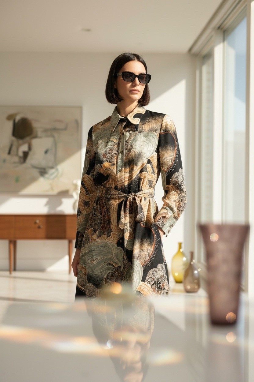 Vintage Lanvin Paris Shirt Dress Sash Japanese Scenic Print Size 8 1970s Belted