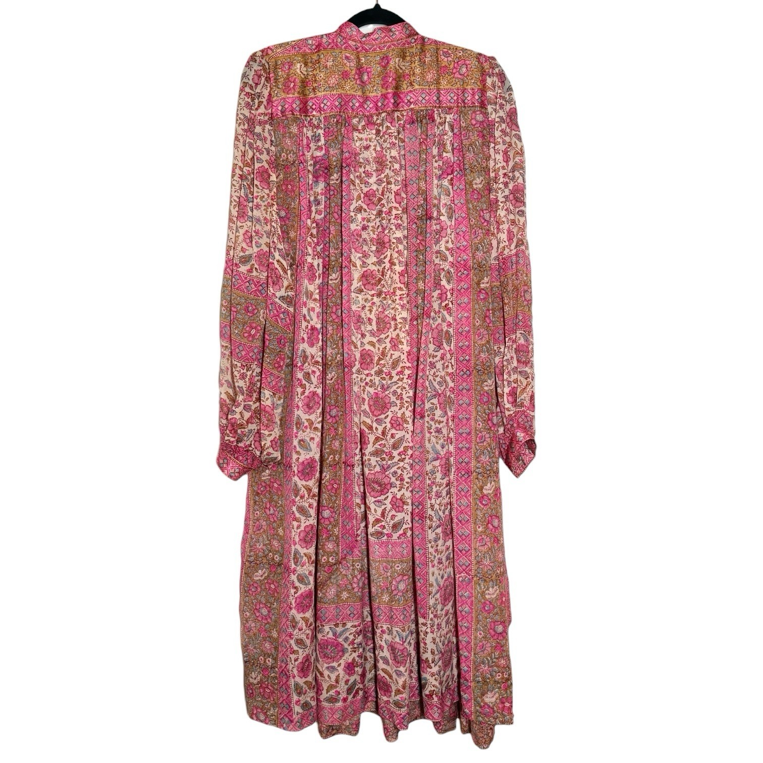 70s Vintage Ritu Kumar Judith Ann I Magnin Pink Silk Block Printed Boho Dress S
