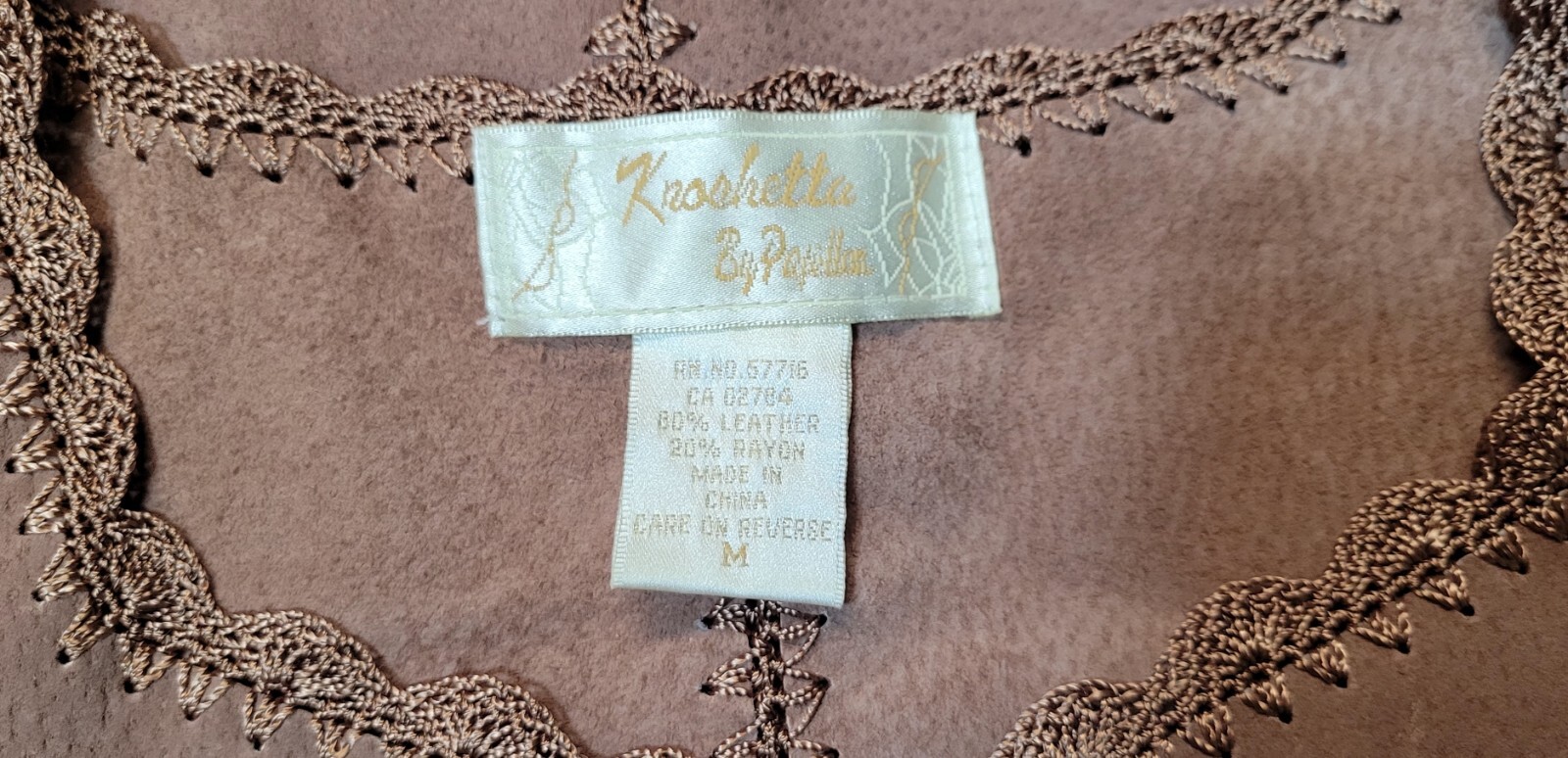 Vtg Y2K Kroshetta By Papillon Brown Leather Suede Crochet Boho Cardigan Top M