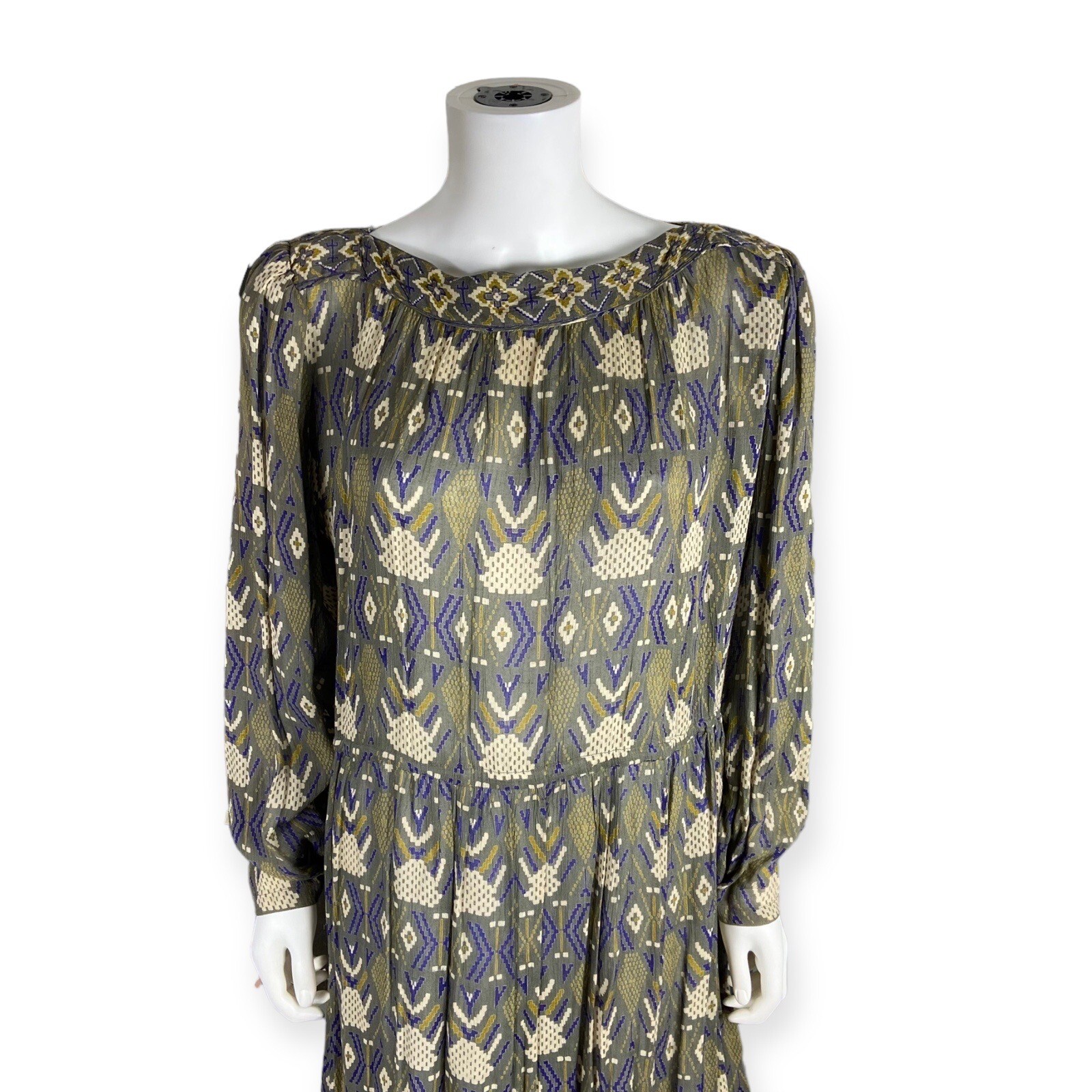 Adini Vintage Gray Purple Boat Neck Boho Smock Dress 8