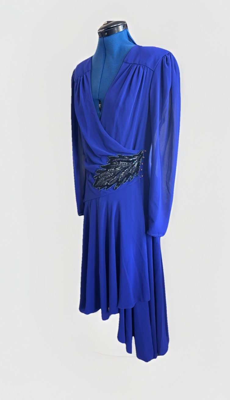 Vintage 80s Casadei Blue Long Sleeve Beaded Sequin Waist Fit Flair Midi Dress 10