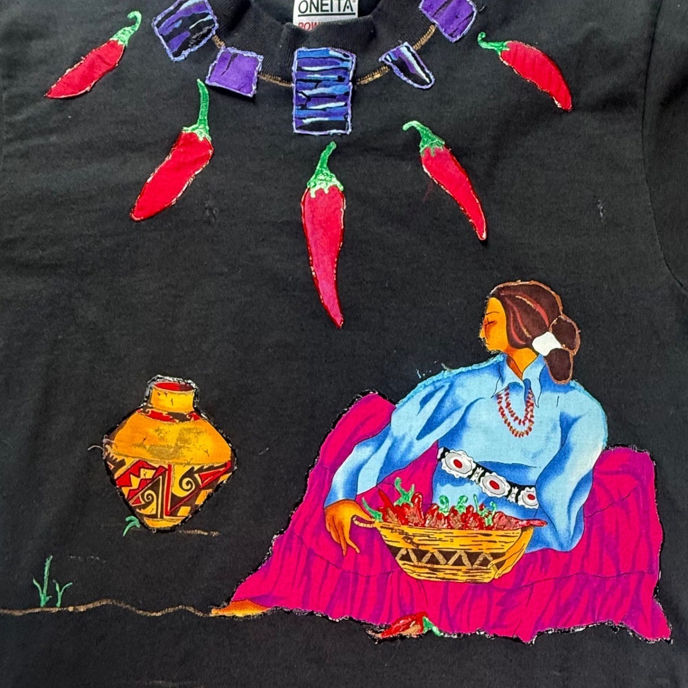 Vintage Oneita Power 50 Southwestern Chili Pepper Graphic T-Shirt Black Medium