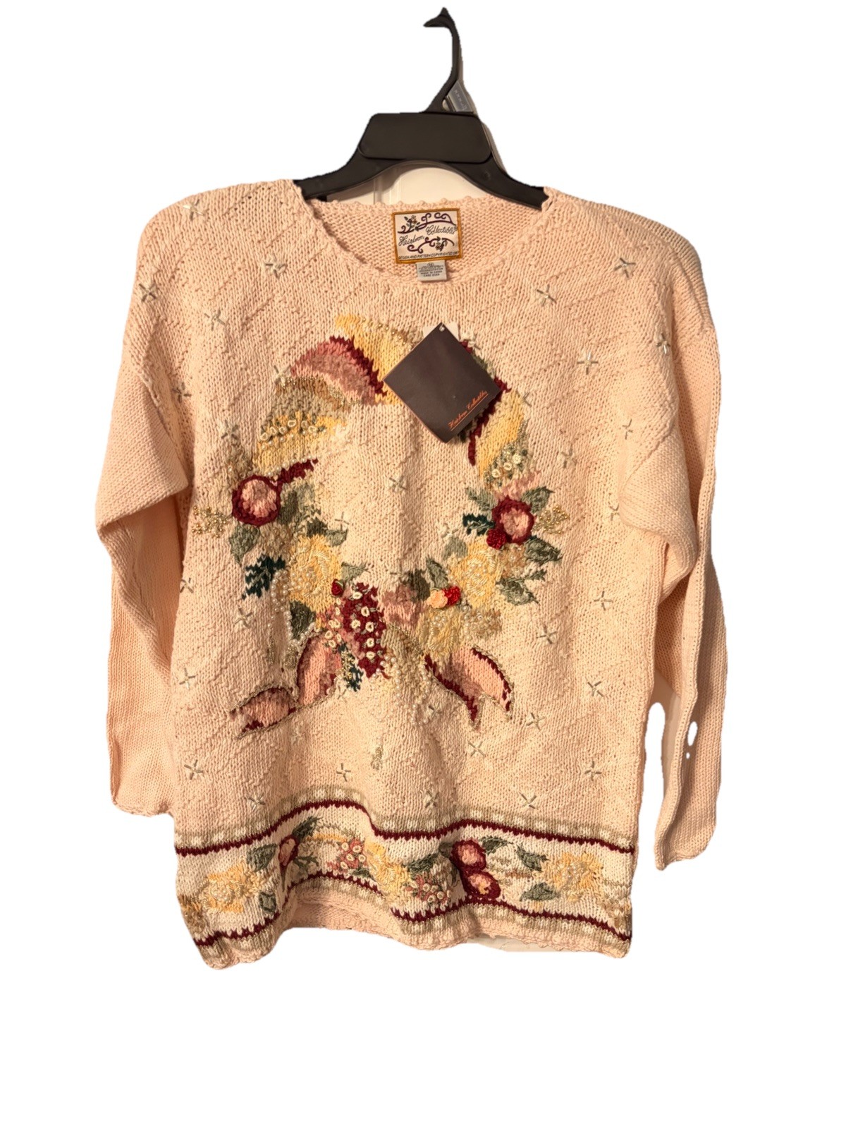Vintage Heirloom Collectibles Womens M Pullover Sweater Pink Floral Beaded