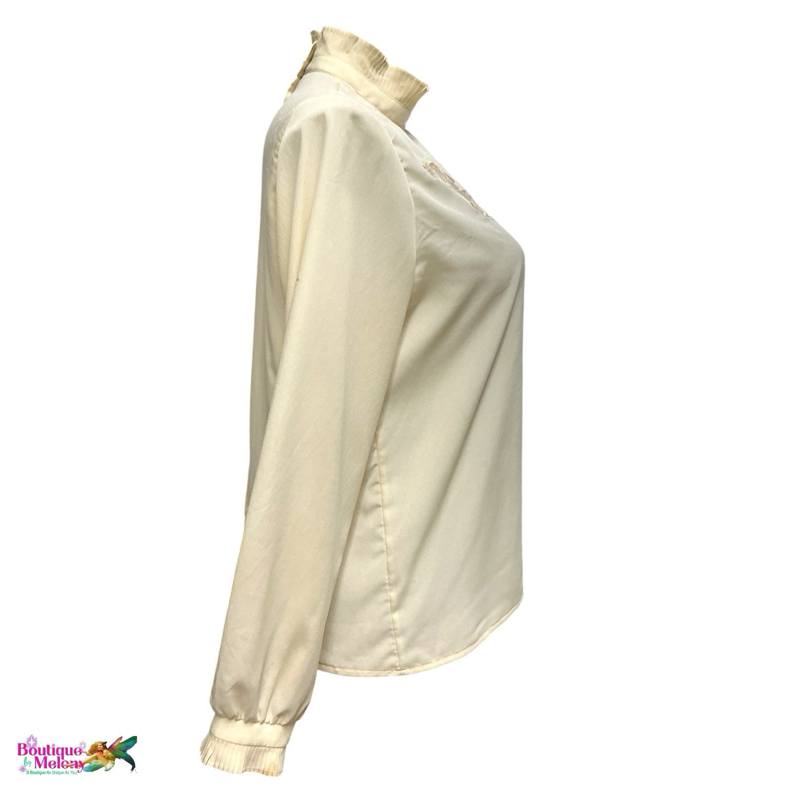 Vintage 80s Victorian Blouse Arida Ivory Lace High Neck Back Button Size 42