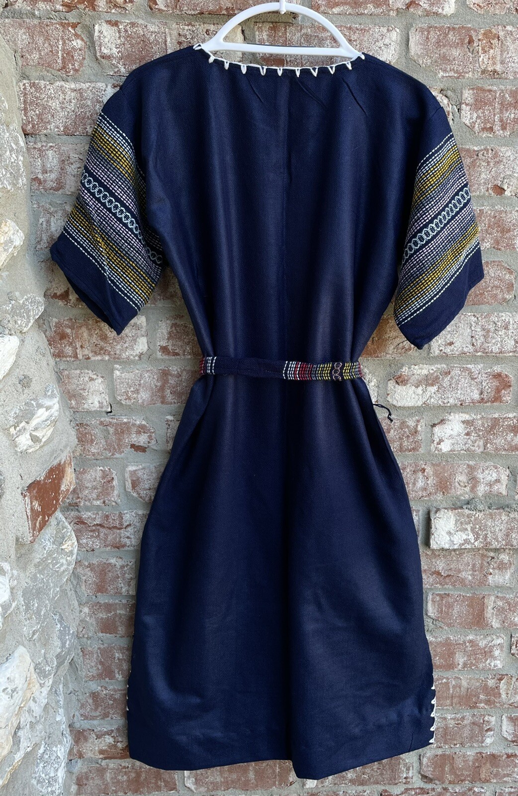 ✅Vtg 1980s Peru Ecuador Bolivia South America M/L Blue Colorful Hand Woven Dress