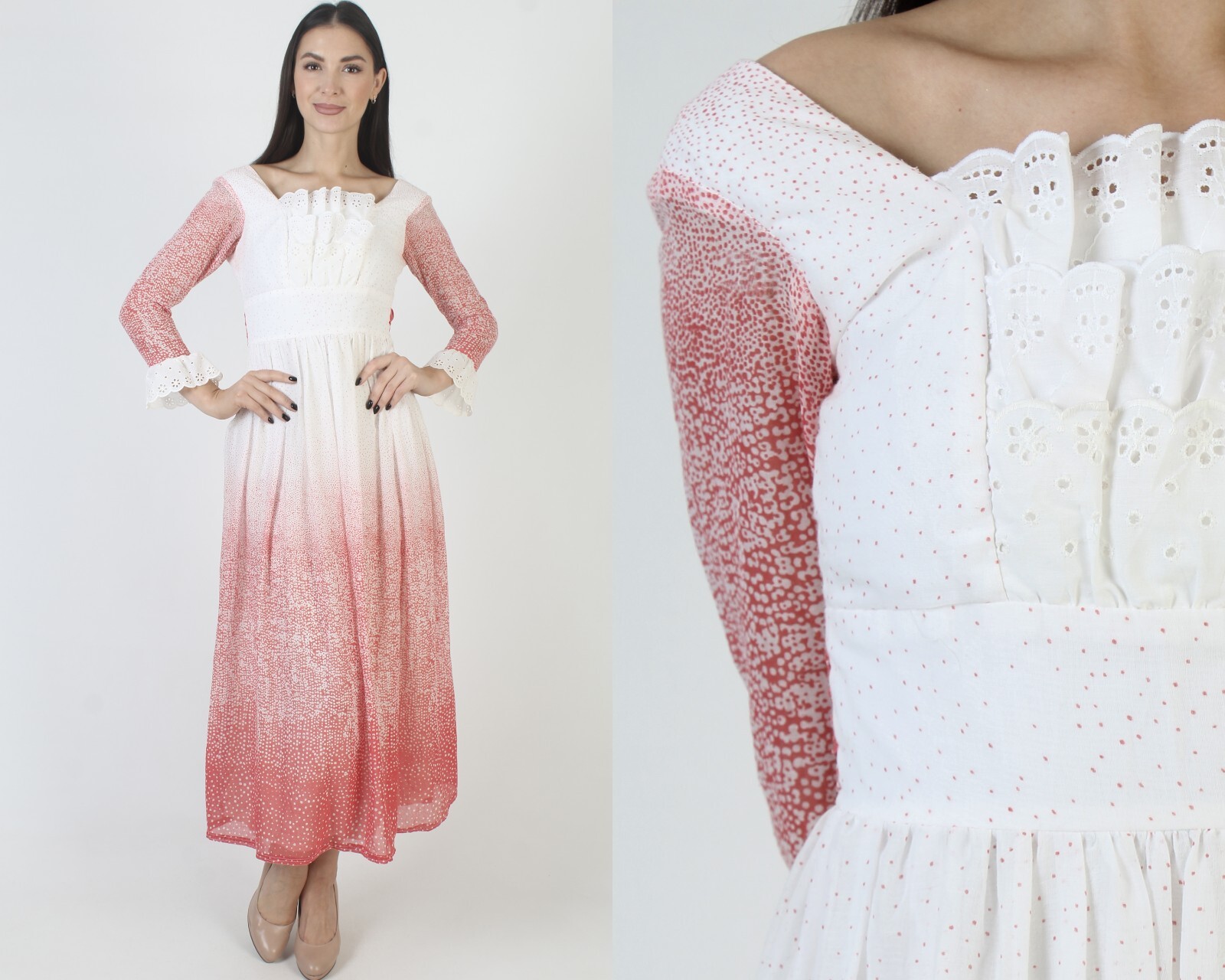 Vintage White Swiss Dot Dress Red Eyelet Prairiecore Bohemian Boho Prairie Gown