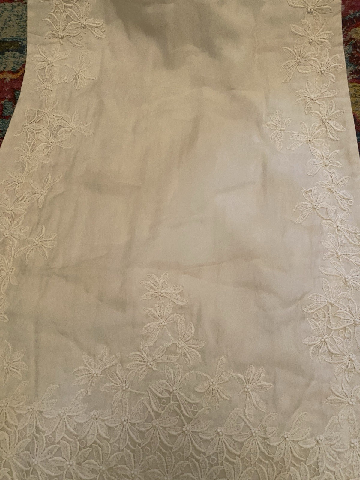 Vtg Soft White/Off White Embroid/Floral Handmade Wedding Dress W/Train-XS