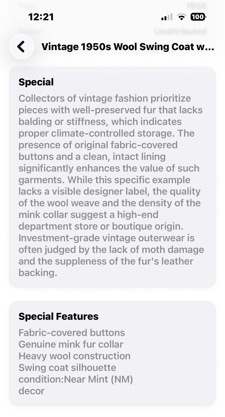 Vintage 1950S Wall Swing Coat With Mink Fur Collar Coat Is In Good Condition.