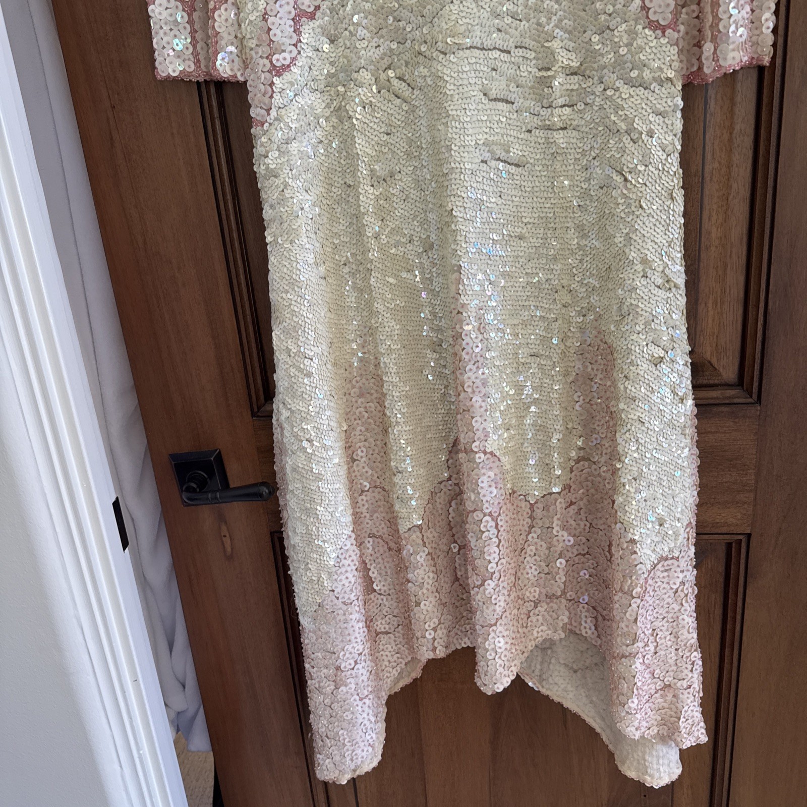 Vintage 80s Jenny Lewis London 100% Silk Sequin Dress Art Deco Handkerchief Hem